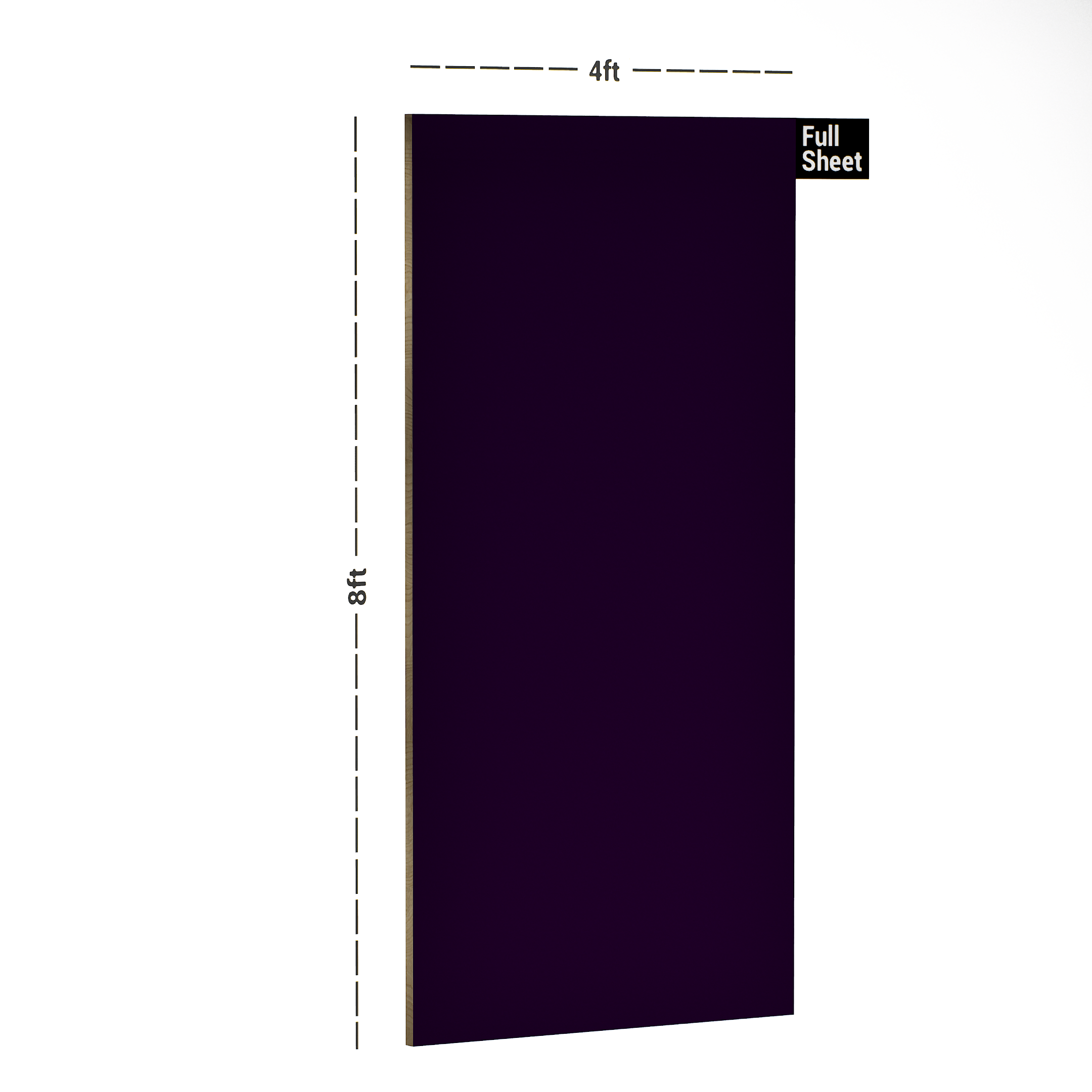 Dimension image of PC 29 L22 Maroon 8 ft x 4 ft High Gloss Finish Laminate - 1 mm in an isometric setup | Material Depot