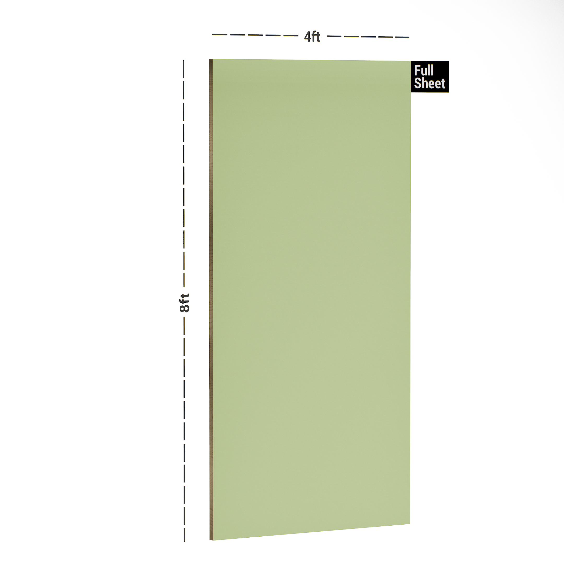 Dimension image of PC 13 L22 P Green 8 ft x 4 ft High Gloss Finish Laminate - 1 mm in an isometric setup | Material Depot