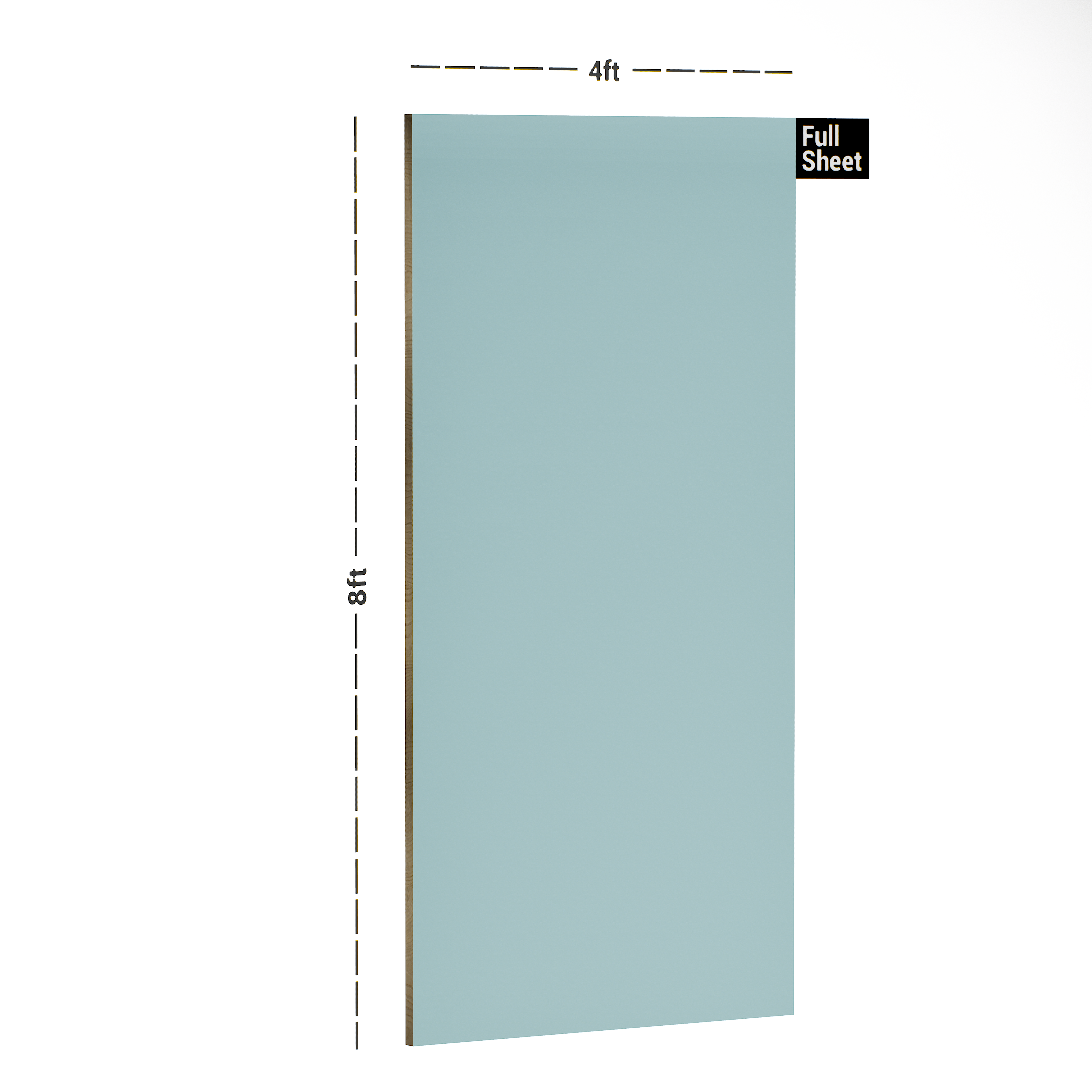 Dimension image of PC 113 L22 Shore Blue 8 ft x 4 ft High Gloss Finish Laminate - 1 mm in an isometric setup | Material Depot