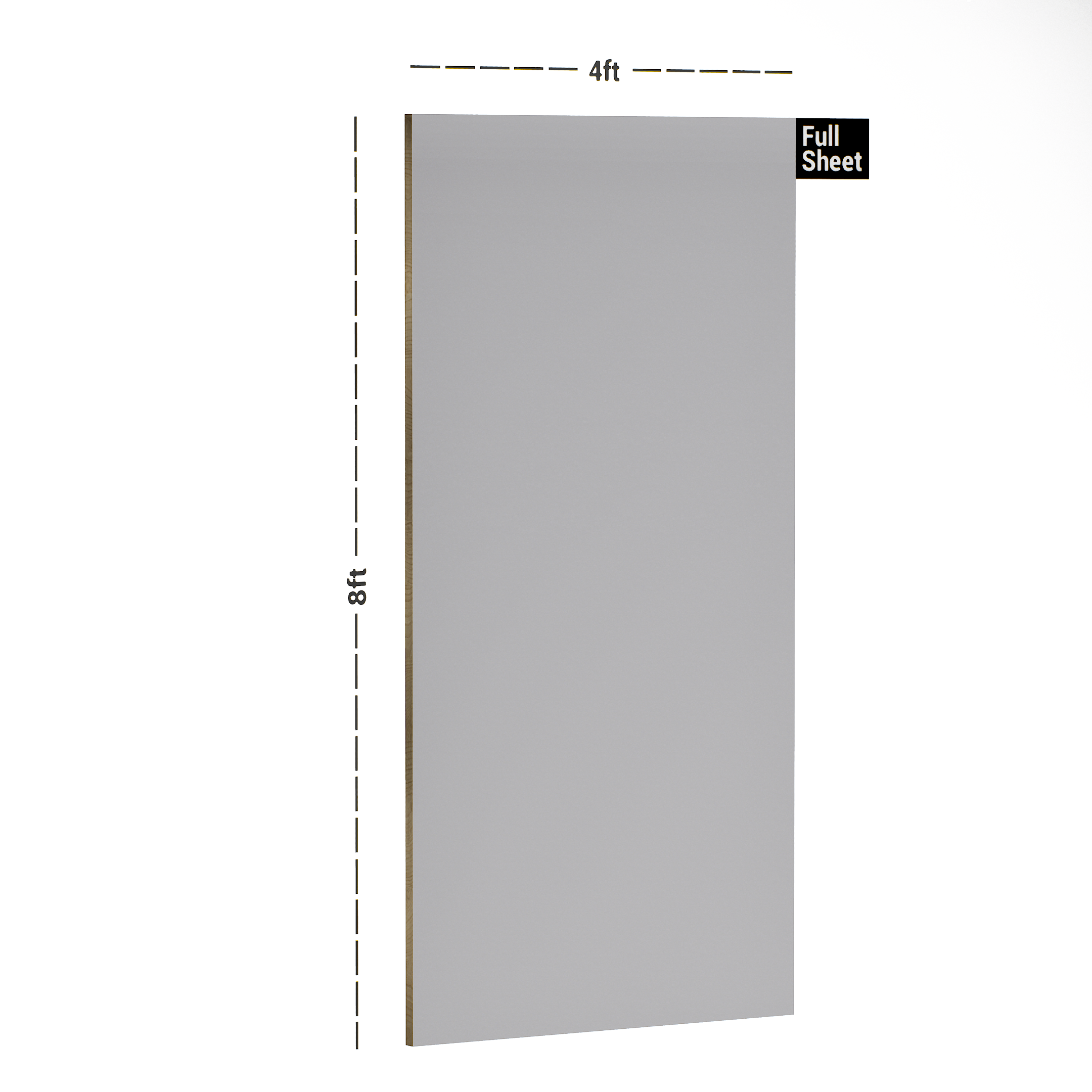 Dimension image of PC 55 L22 Grey 8 ft x 4 ft High Gloss Finish Laminate - 1 mm in an isometric setup | Material Depot