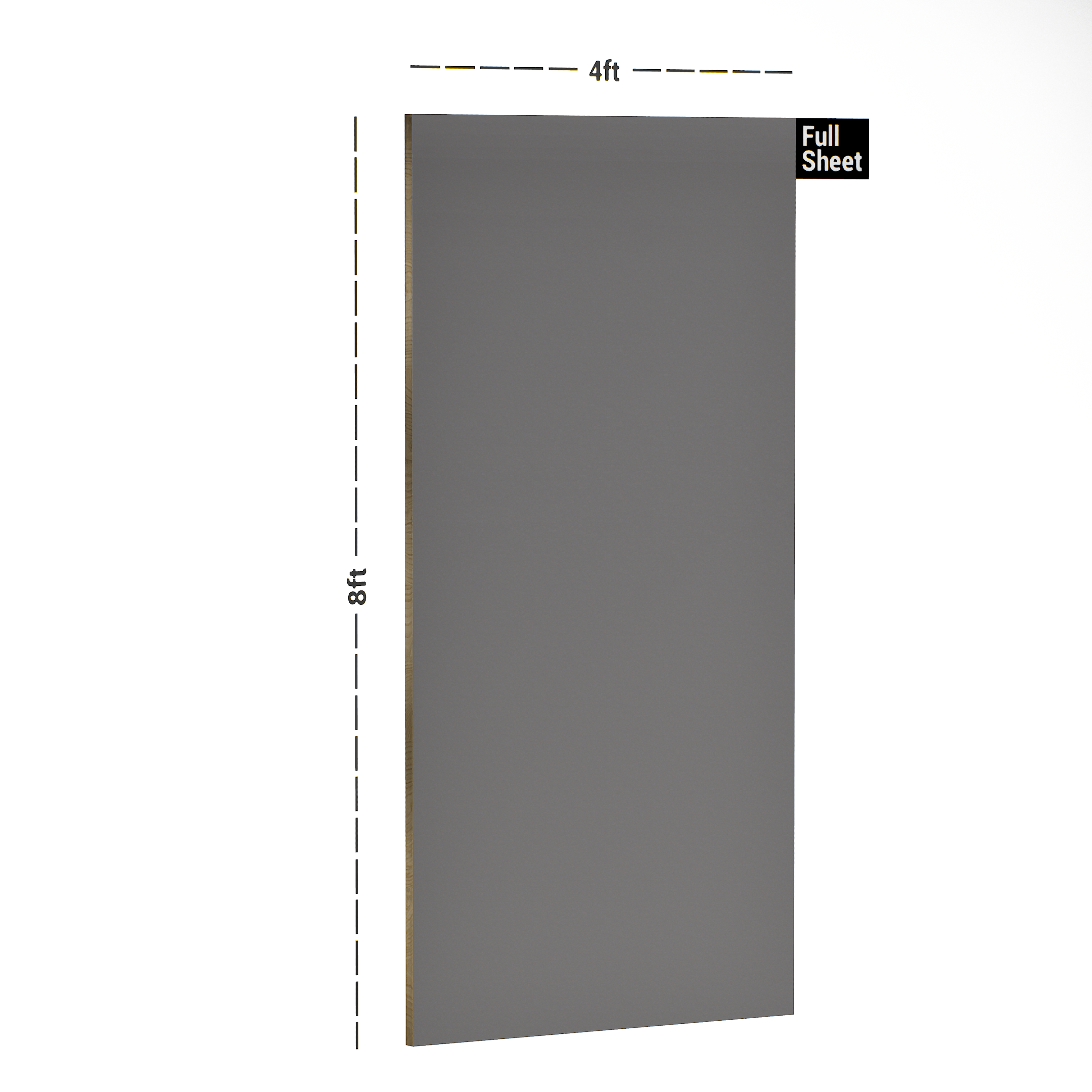 Dimension image of PC 54 L22 Titan Grey 8 ft x 4 ft High Gloss Finish Laminate - 1 mm in an isometric setup | Material Depot