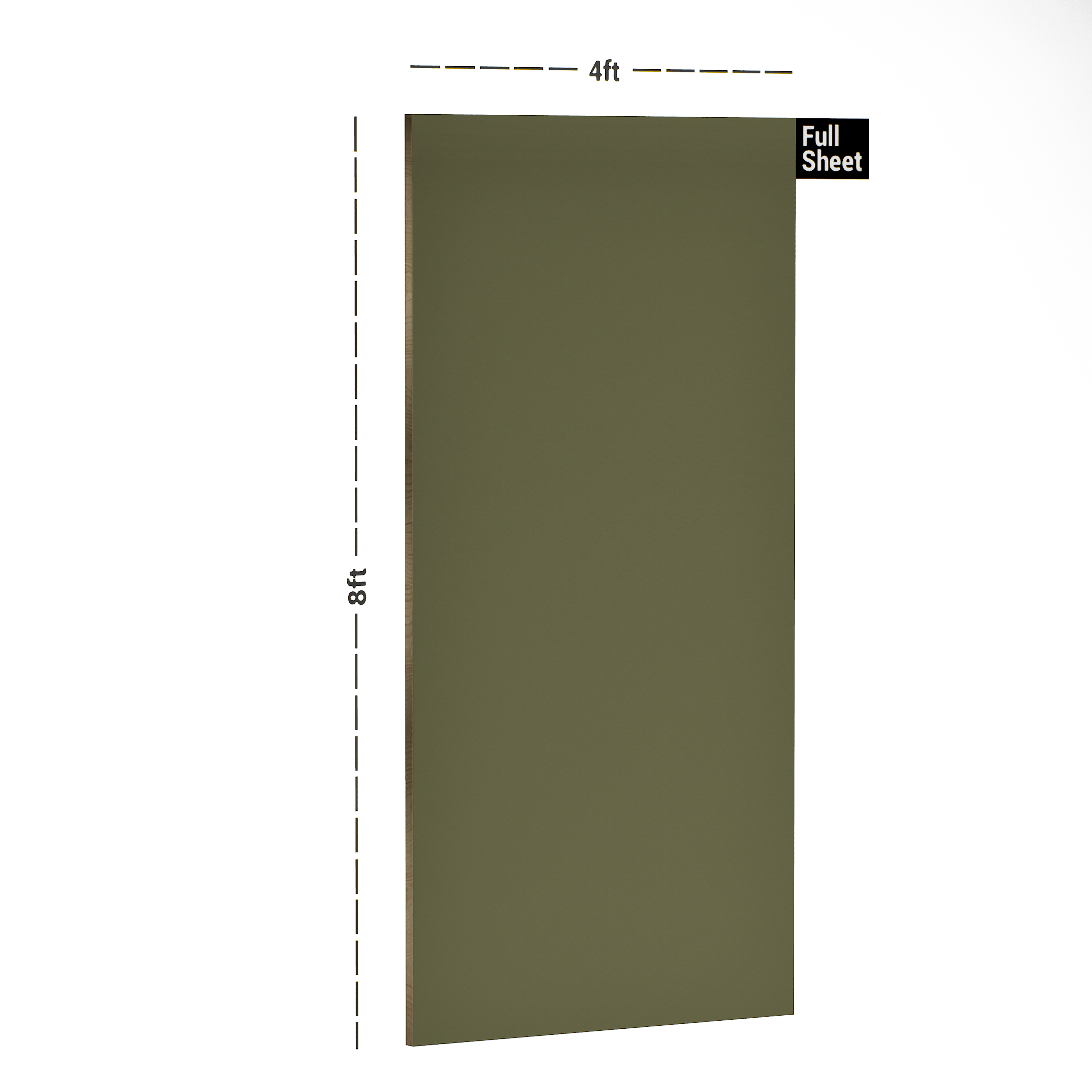 Dimension image of PC 95 SF Army Green 8 ft x 4 ft Suede Finish Laminate - 1 mm in an isometric setup | Material Depot