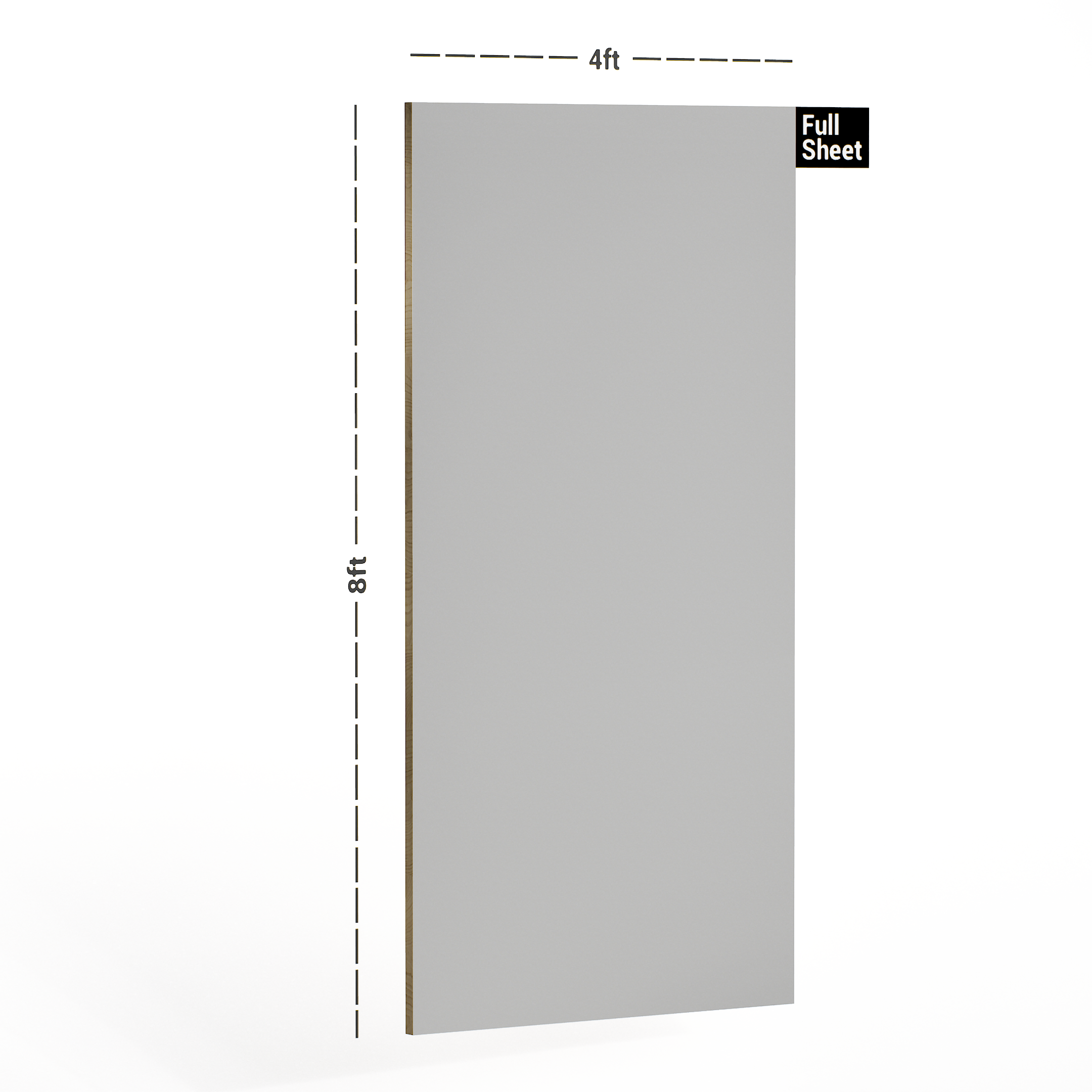 Dimension image of 1232 HG New Ash Grey Virgo Croma 8 ft x 4 ft Soild Colors High Gloss Finish Laminate - 0.8 mm in an isometric setup | Material Depot