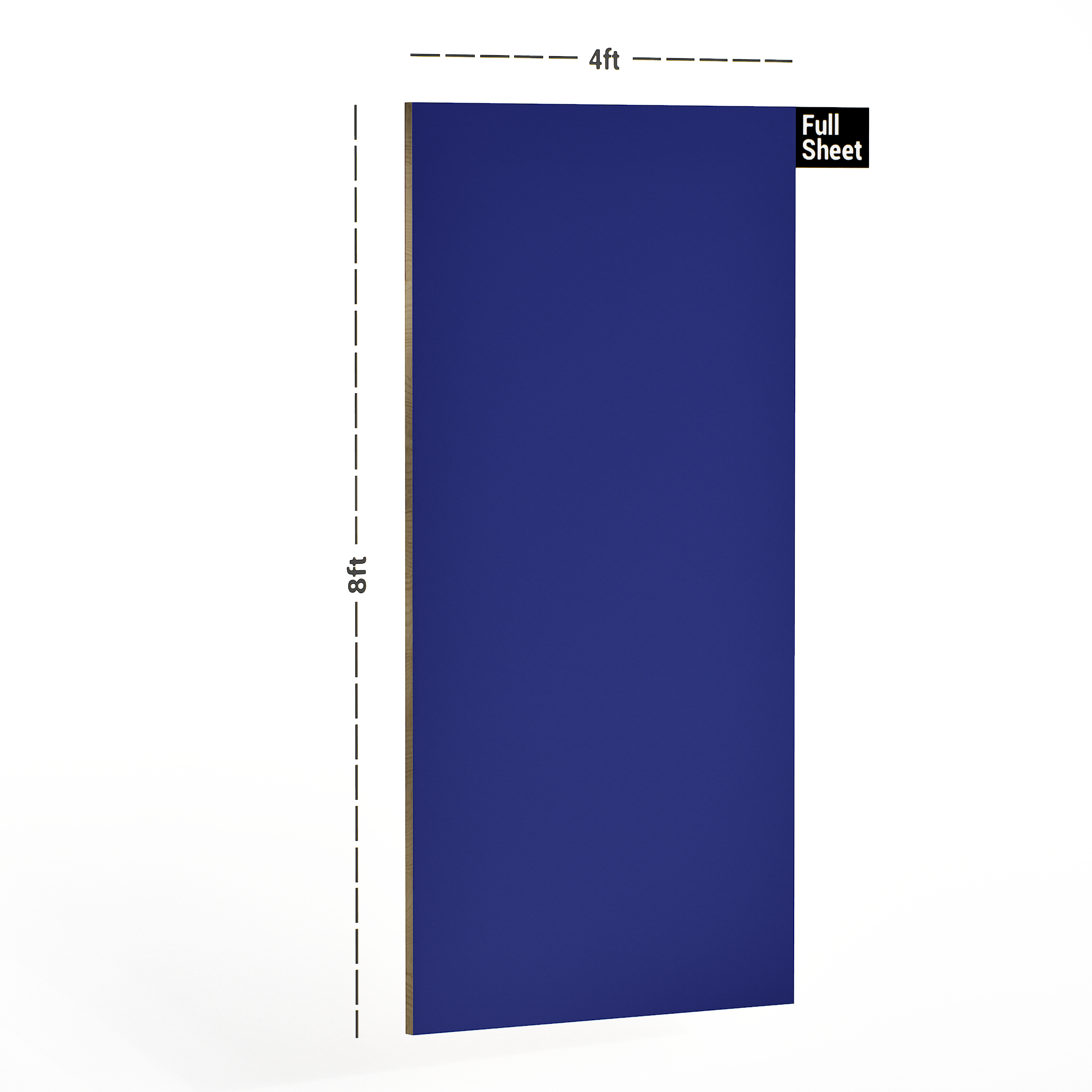 Dimension image of 1238 HG Royal Blue Virgo Croma 8 ft x 4 ft Soild Colors High Gloss Finish Laminate - 0.8 mm in an isometric setup | Material Depot