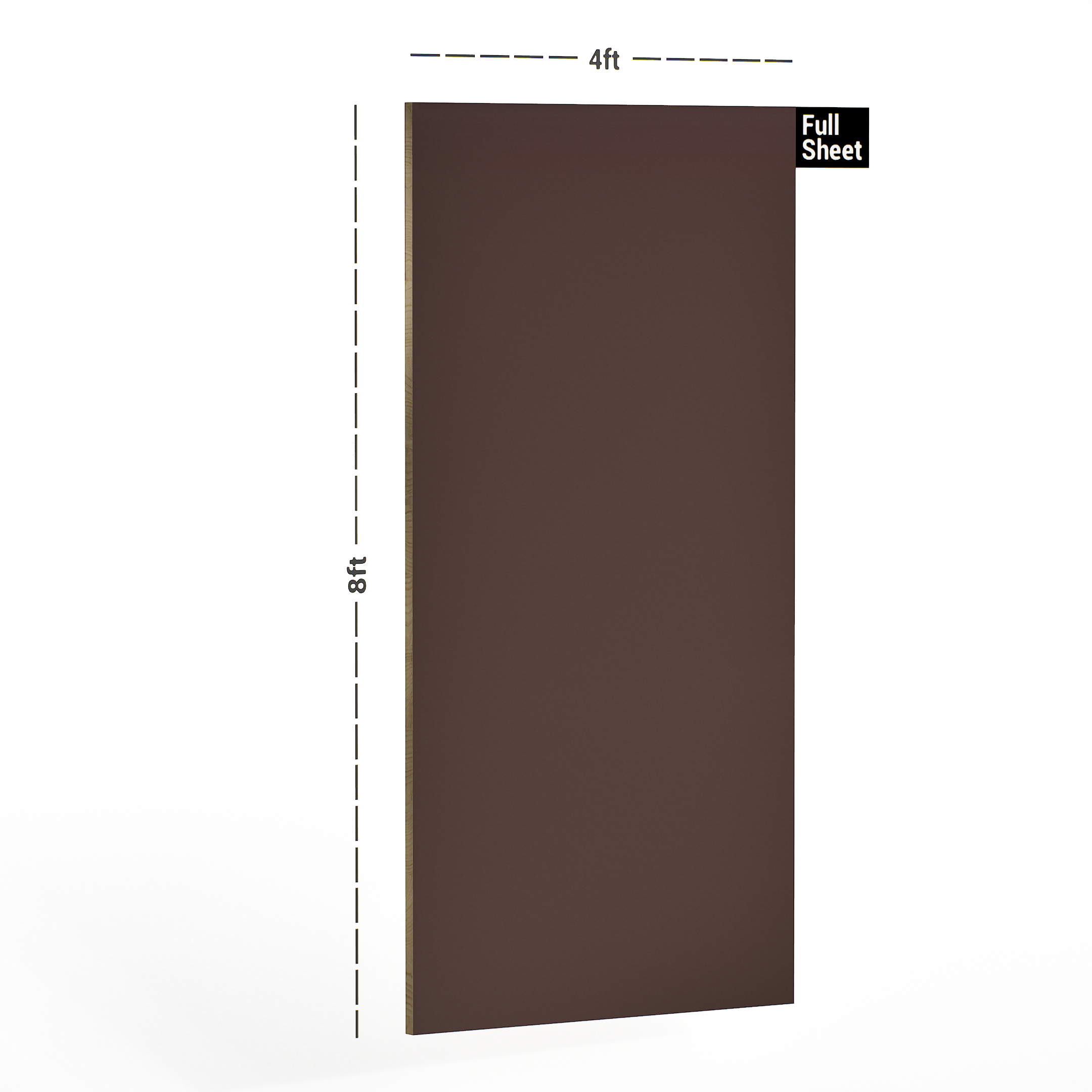 Dimension image of 1002 HG Coffee Virgo Croma 8 ft x 4 ft Soild Colors High Gloss Finish Laminate - 0.8 mm in an isometric setup | Material Depot