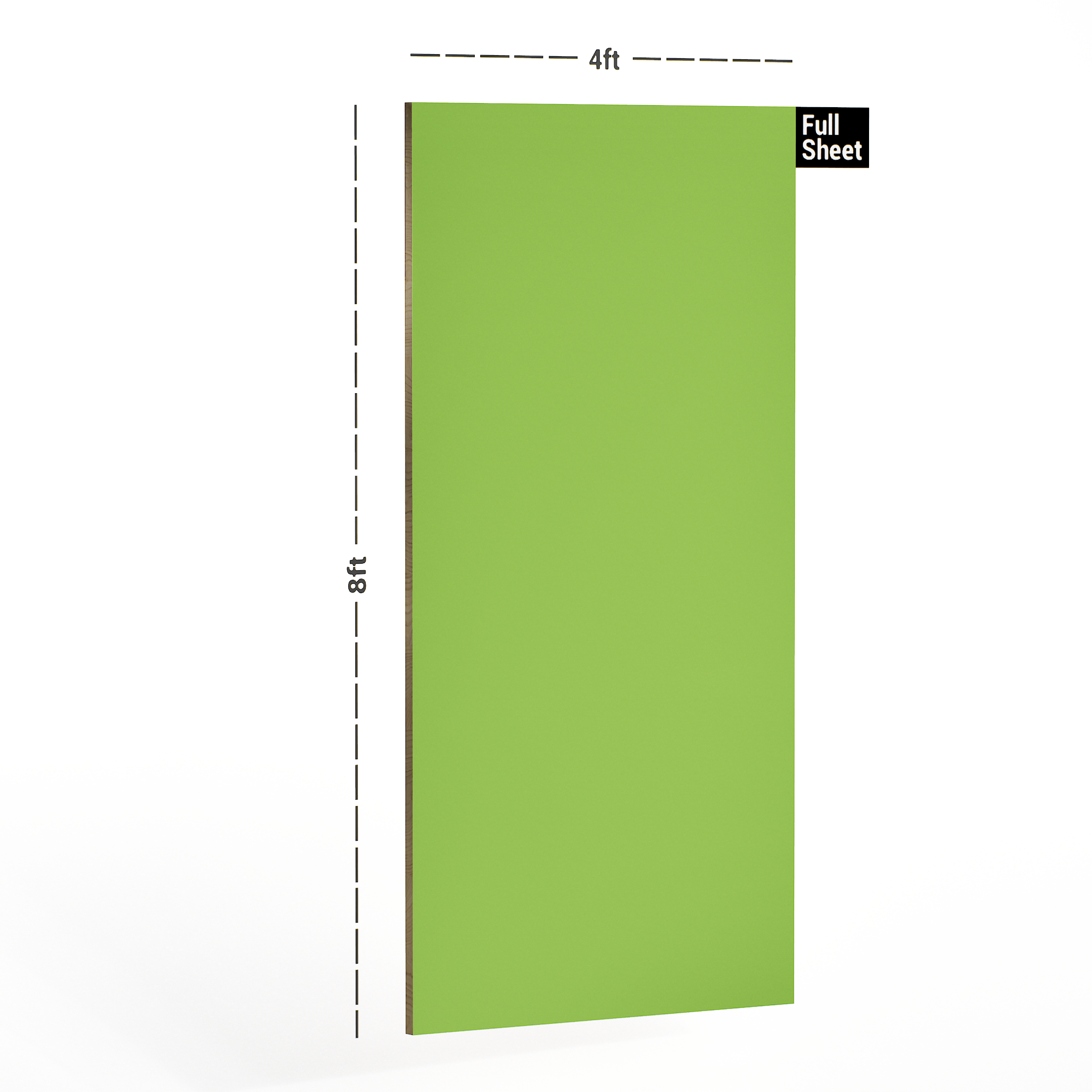 Dimension image of 1207 HG Super Green Virgo Croma 8 ft x 4 ft Soild Colors High Gloss Finish Laminate - 0.8 mm in an isometric setup | Material Depot