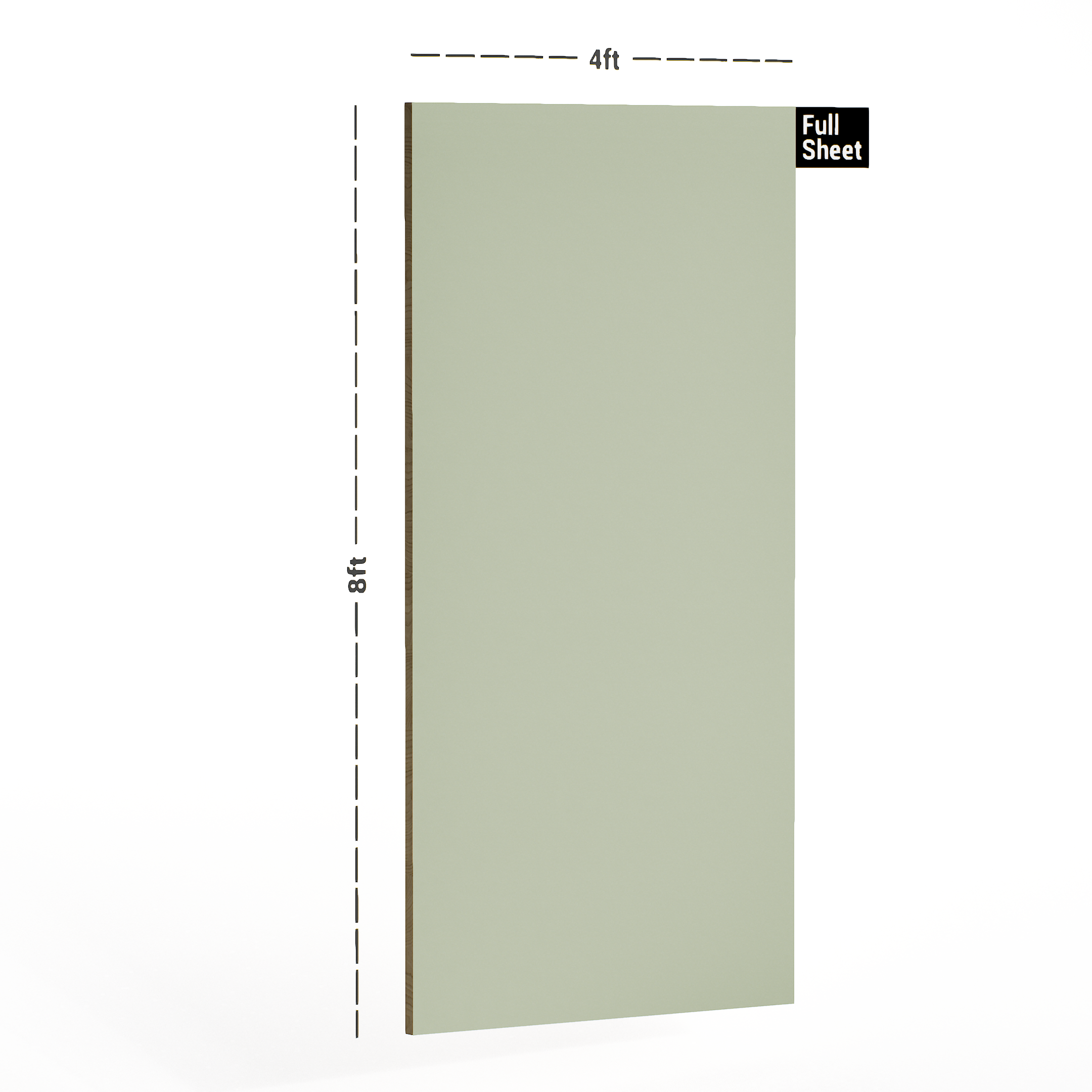 Dimension image of 132 AHG Willow Green Virgo Croma 8 ft x 4 ft Acrylic Solid Color High Gloss Finish Decorative Laminate - 1 mm in an isometric setup | Material Depot