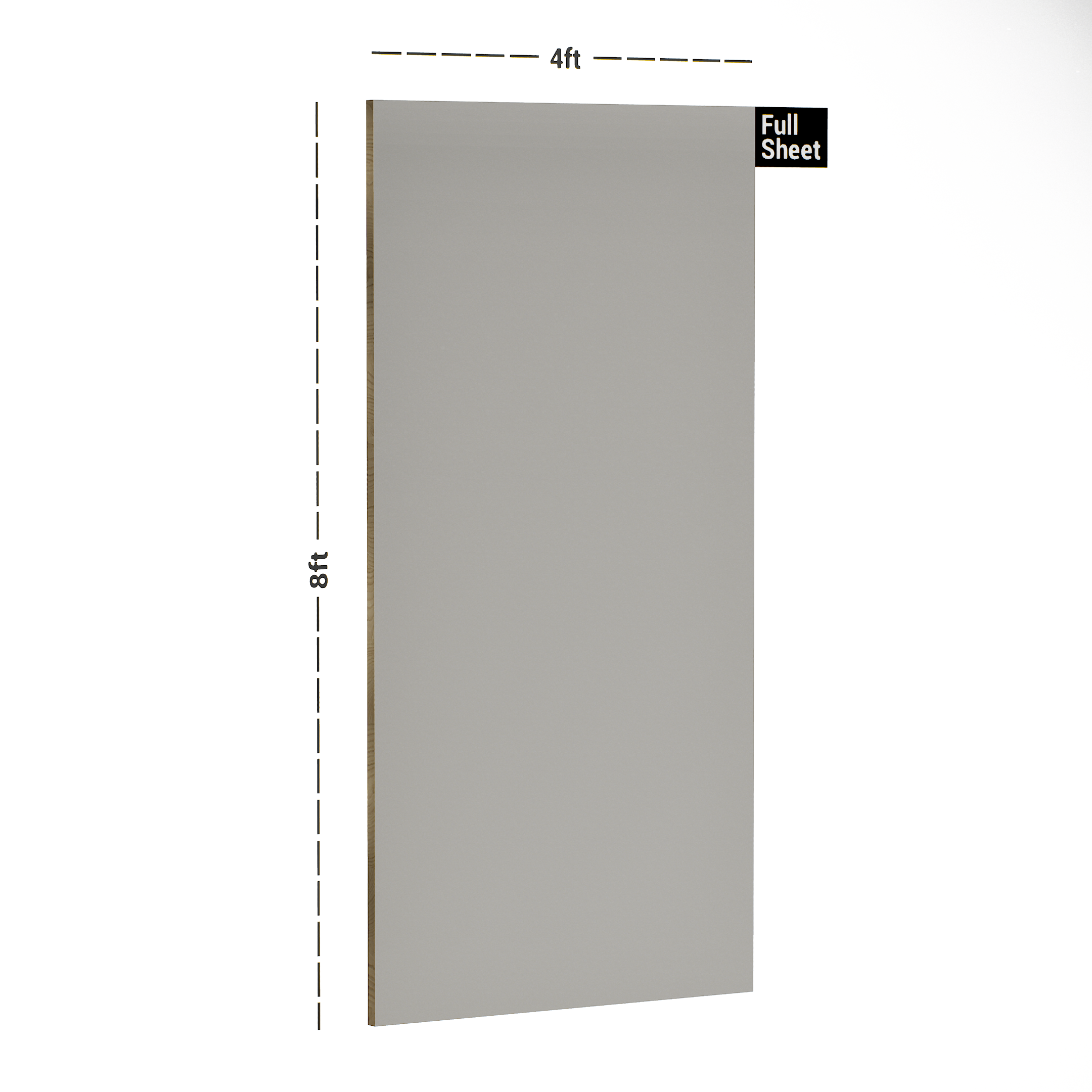 Dimension image of 193 AHG Pumice Virgo Croma 8 ft x 4 ft Acrylic Solid Color High Gloss Finish Decorative Laminate - 1 mm in an isometric setup | Material Depot