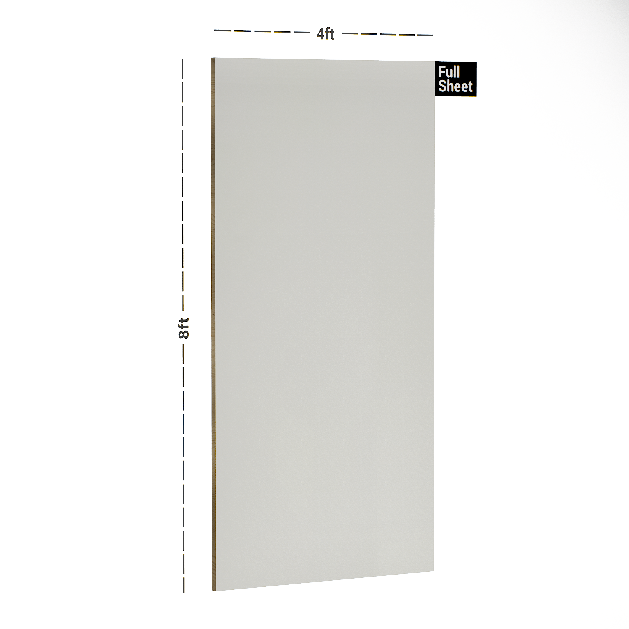 Dimension image of 195 AHG Oyster Virgo Croma 8 ft x 4 ft Solid High Gloss Finish Laminate - 1 mm in an isometric setup | Material Depot