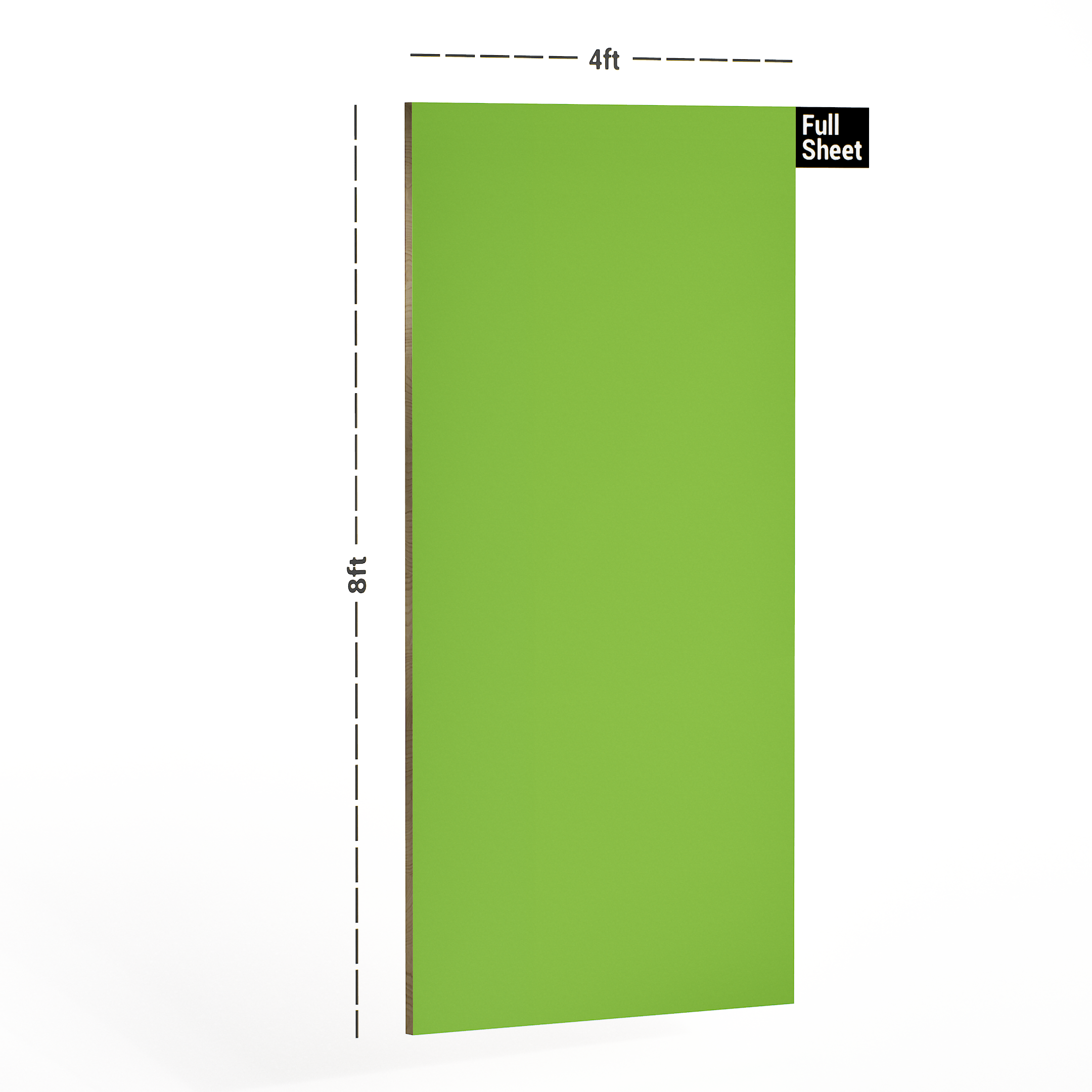 Dimension image of 152 AHG Super Green Virgo Croma 8 ft x 4 ft Solid High Gloss Finish Laminate - 1 mm in an isometric setup | Material Depot