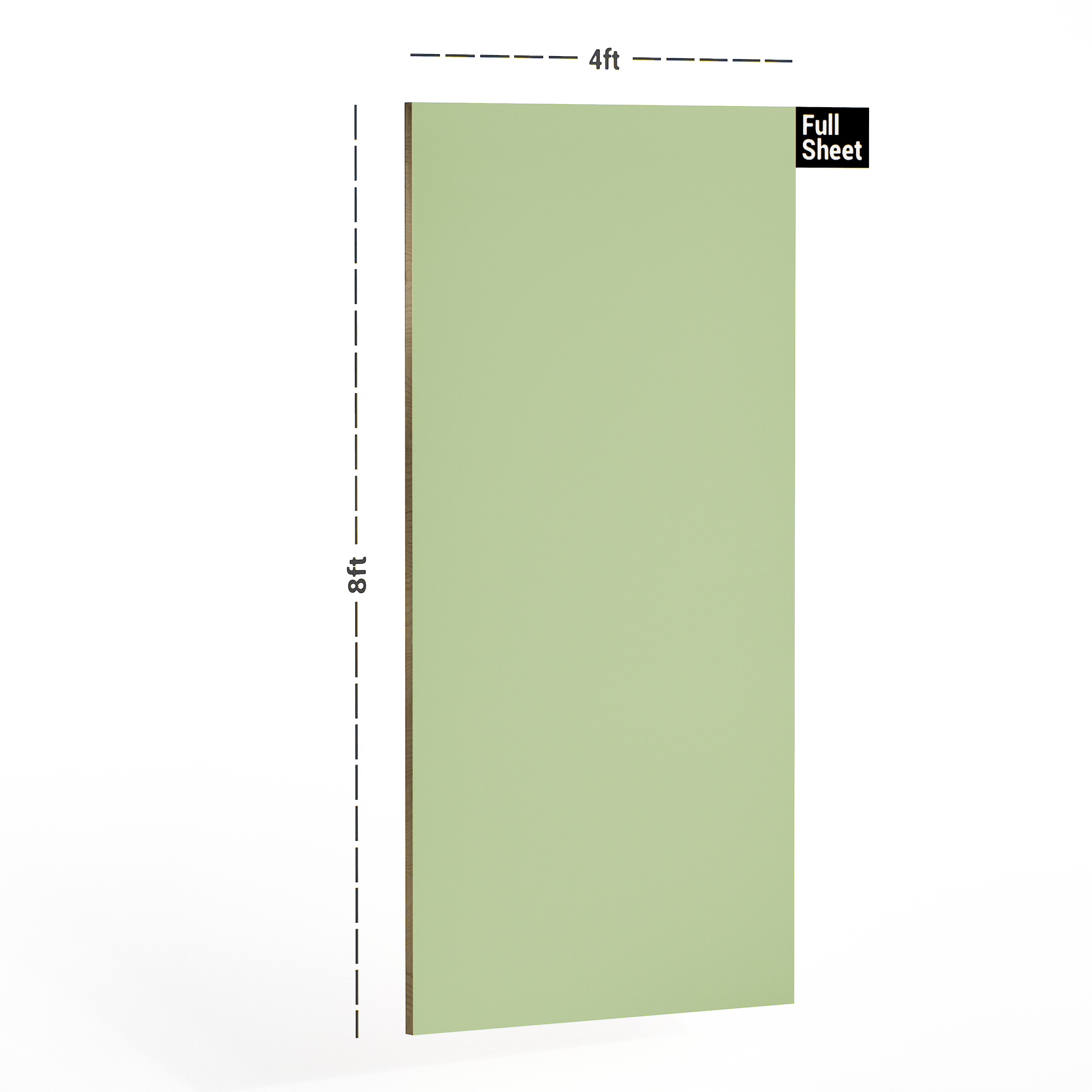 Dimension image of 151 AHG Para Green Virgo Croma 8 ft x 4 ft Acrylic Solid Color High Gloss Finish Decorative Laminate - 1 mm in an isometric setup | Material Depot