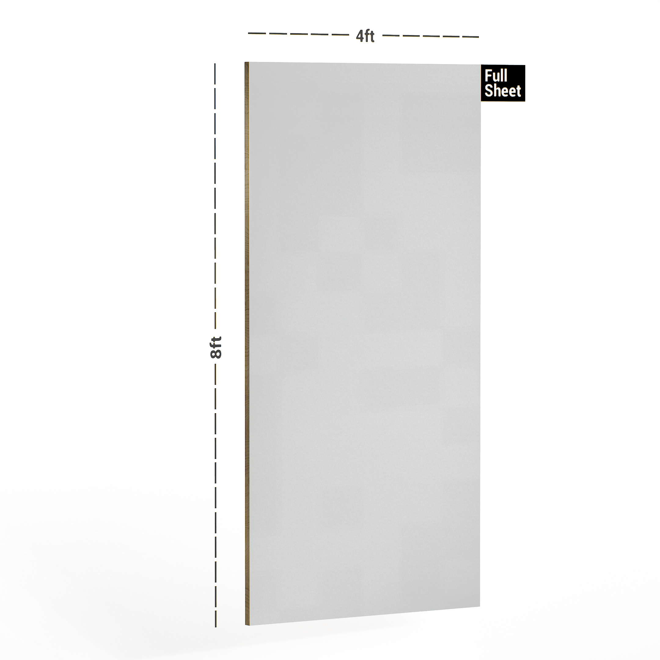 Dimension image of 111 AHG Grey Virgo Croma 8 ft x 4 ft Acrylic Solid Color High Gloss Finish Decorative Laminate - 1 mm in an isometric setup | Material Depot