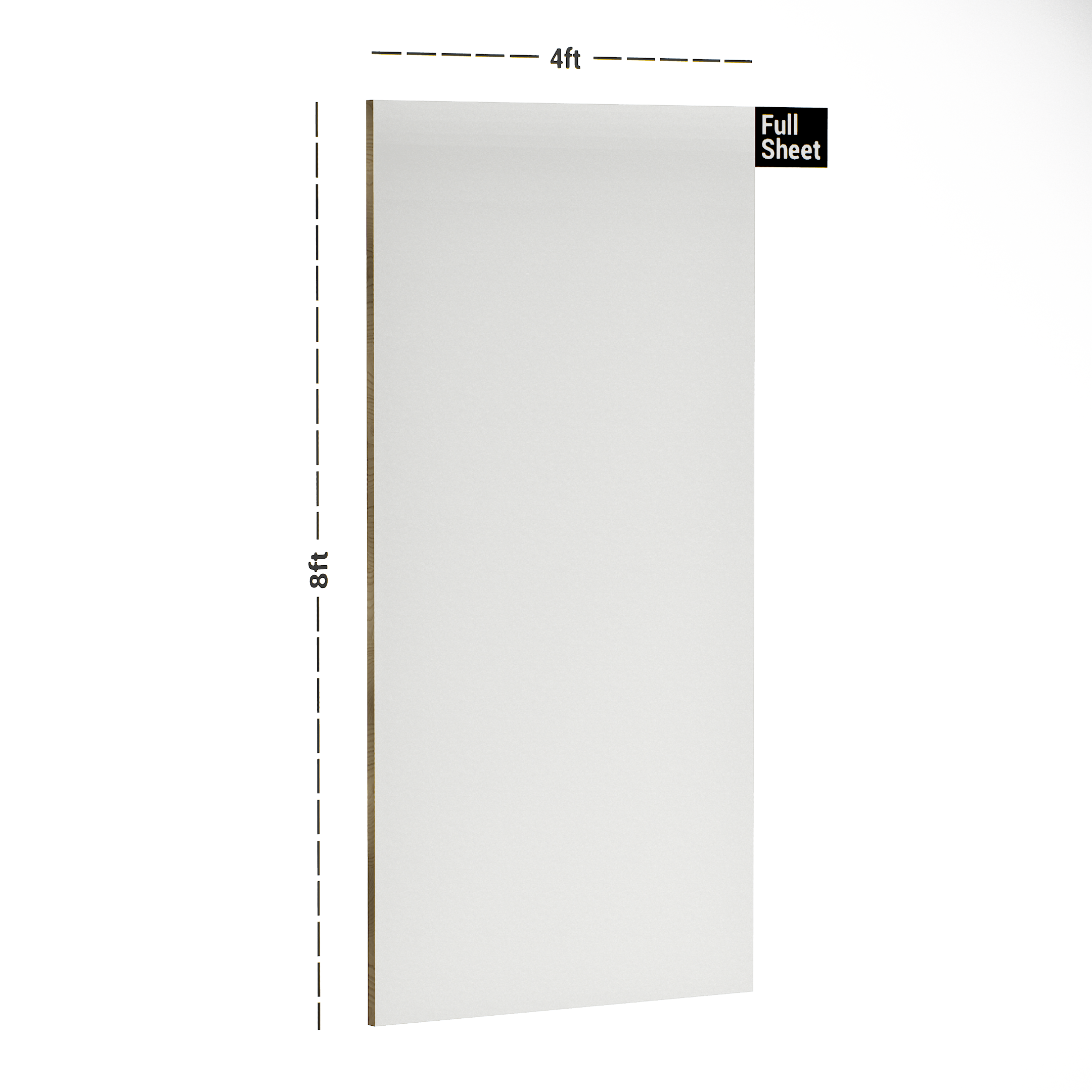 Dimension image of 189 AHG Soft White Virgo Croma 8 ft x 4 ft Acrylic Solid Color High Gloss Finish Decorative Laminate - 1 mm in an isometric setup | Material Depot