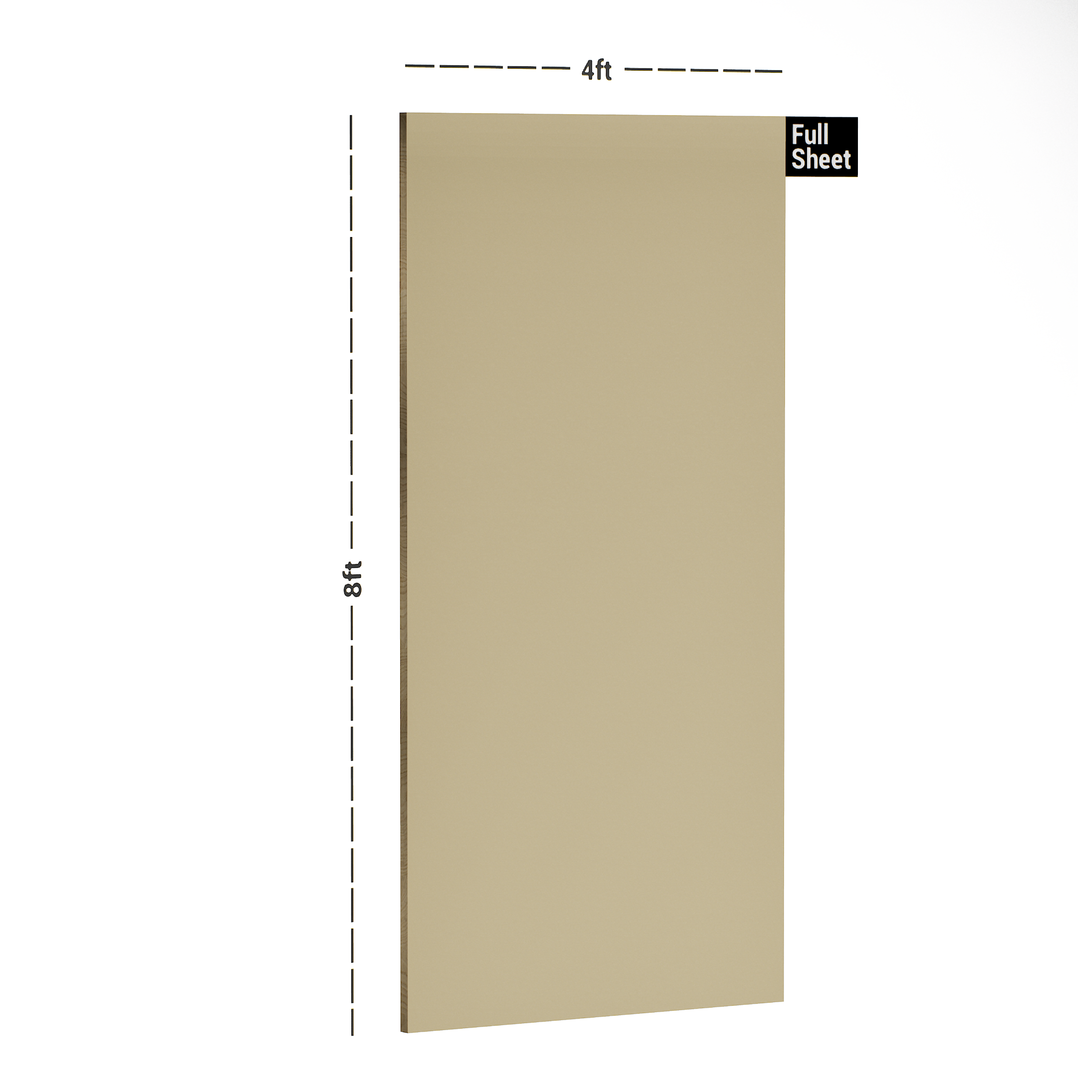 Dimension image of PT 113 8 ft x 4 ft High Gloss Finish 6H Anti Scratch Acrylic Laminate - 1.5 mm | Matching Edgeband Code - EB 113 in an isometric setup | Material Depot