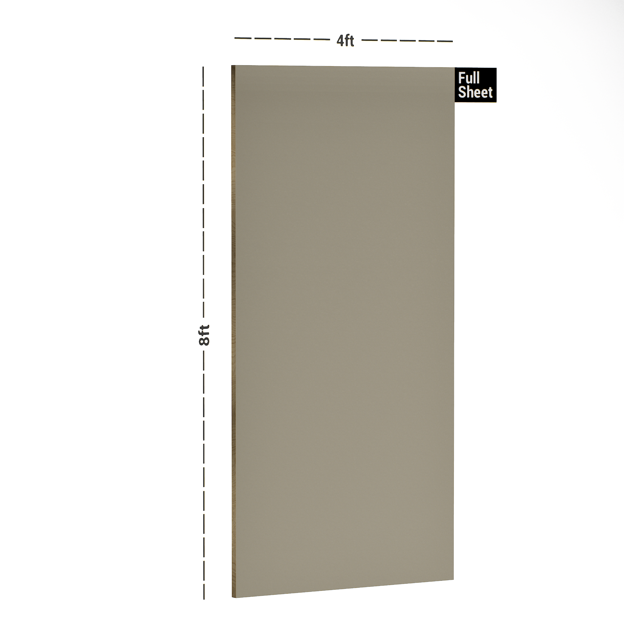 Dimension image of PT 125 8 ft x 4 ft High Gloss Finish 6H Anti Scratch Acrylic Laminate - 1.5 mm | Matching Edgeband Code - EB 125 in an isometric setup | Material Depot