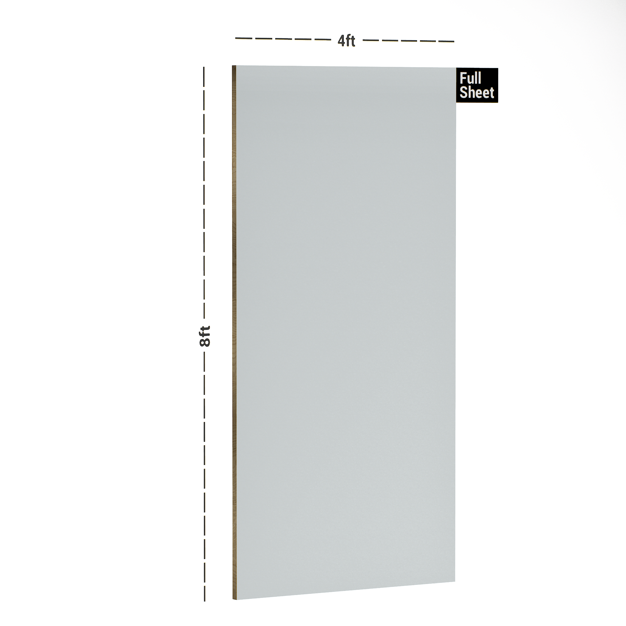 Dimension image of PT 119 8 ft x 4 ft High Gloss Finish 6H Anti Scratch Acrylic Laminate - 1.5 mm | Matching Edgeband Code - EB 119 in an isometric setup | Material Depot