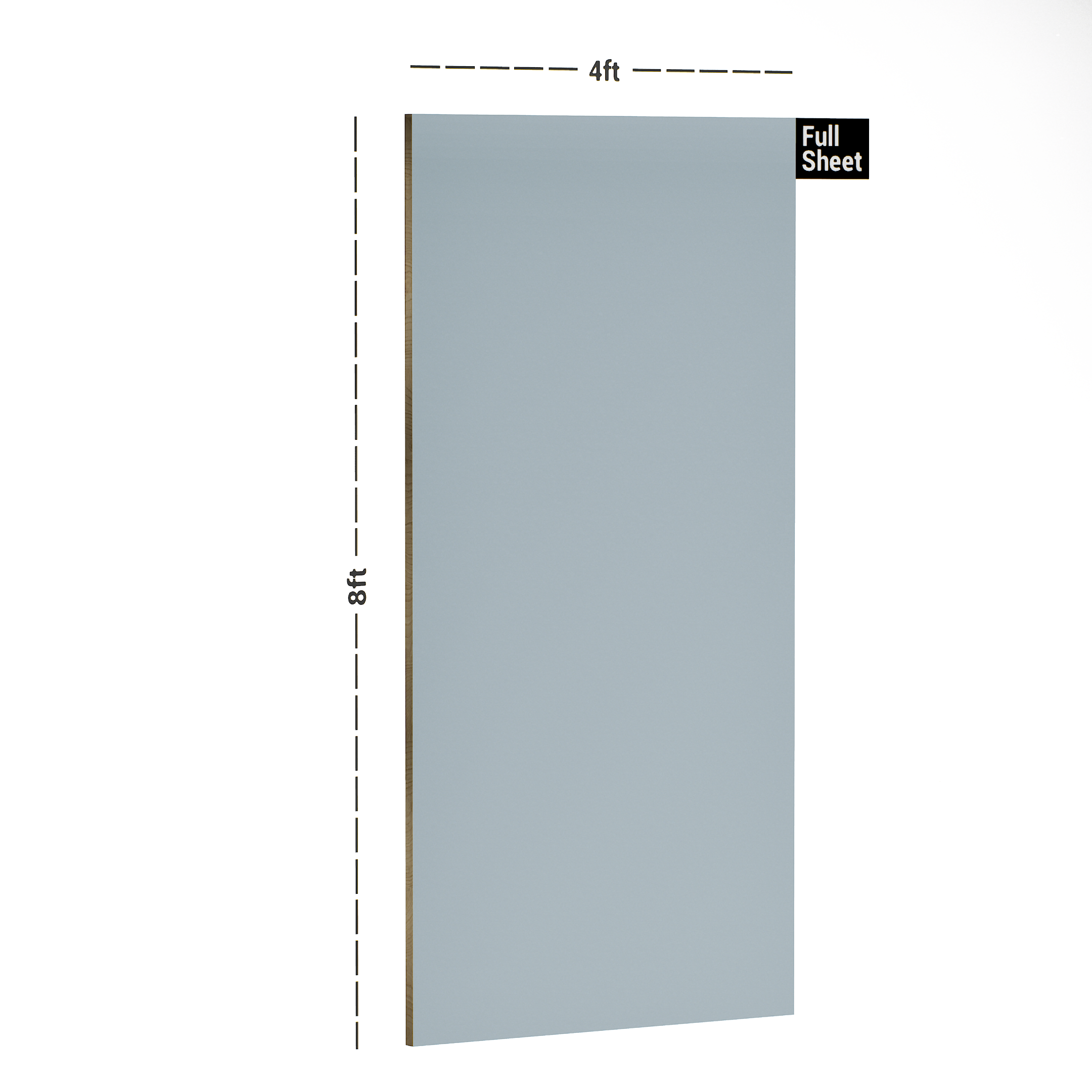 Dimension image of PT 112 8 ft x 4 ft High Gloss Finish 6H Anti Scratch Acrylic Laminate - 1.5 mm | Matching Edgeband Code - EB 112 in an isometric setup | Material Depot