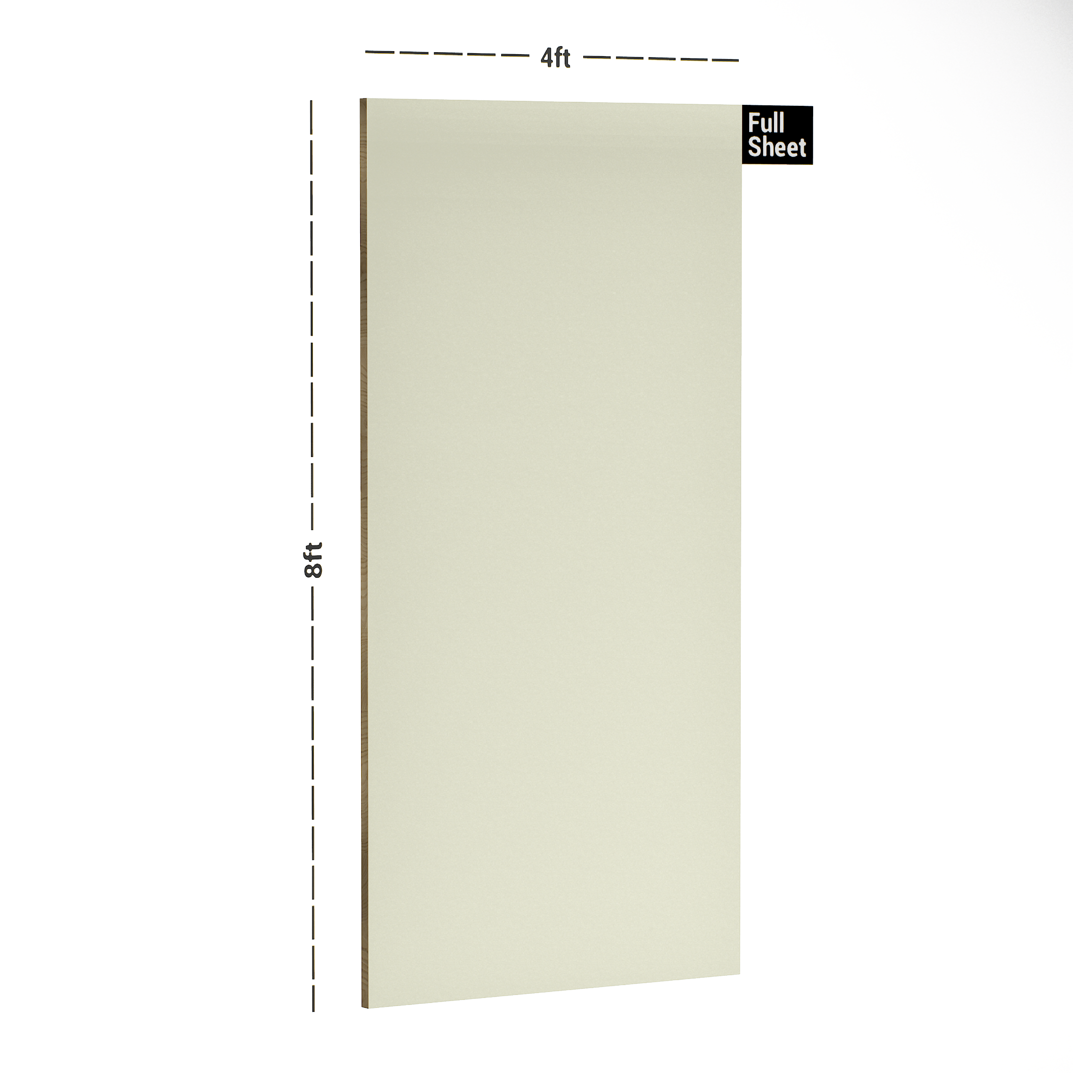 Dimension image of 24387 SF Chalk Ivory 8 ft x 4 ft Solid Finish Merino Cal Plus Laminate - 0.8 mm in an isometric setup | Material Depot