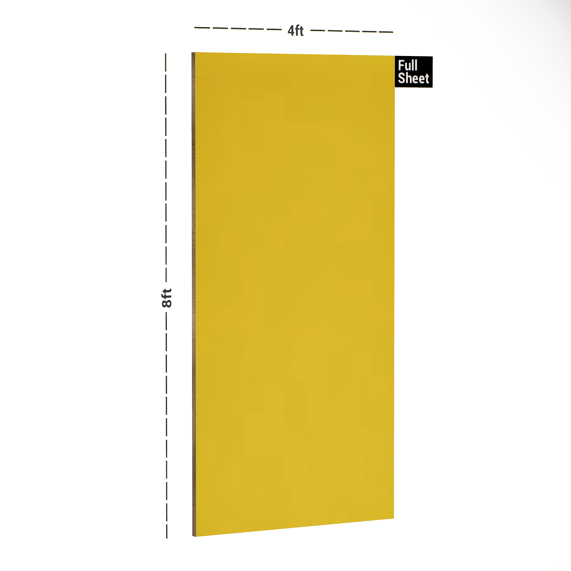 Dimension image of 21467 SF Neo Turmeric 8 ft x 4 ft Solid Finish Merino Cal Plus Laminate - 0.8 mm in an isometric setup | Material Depot