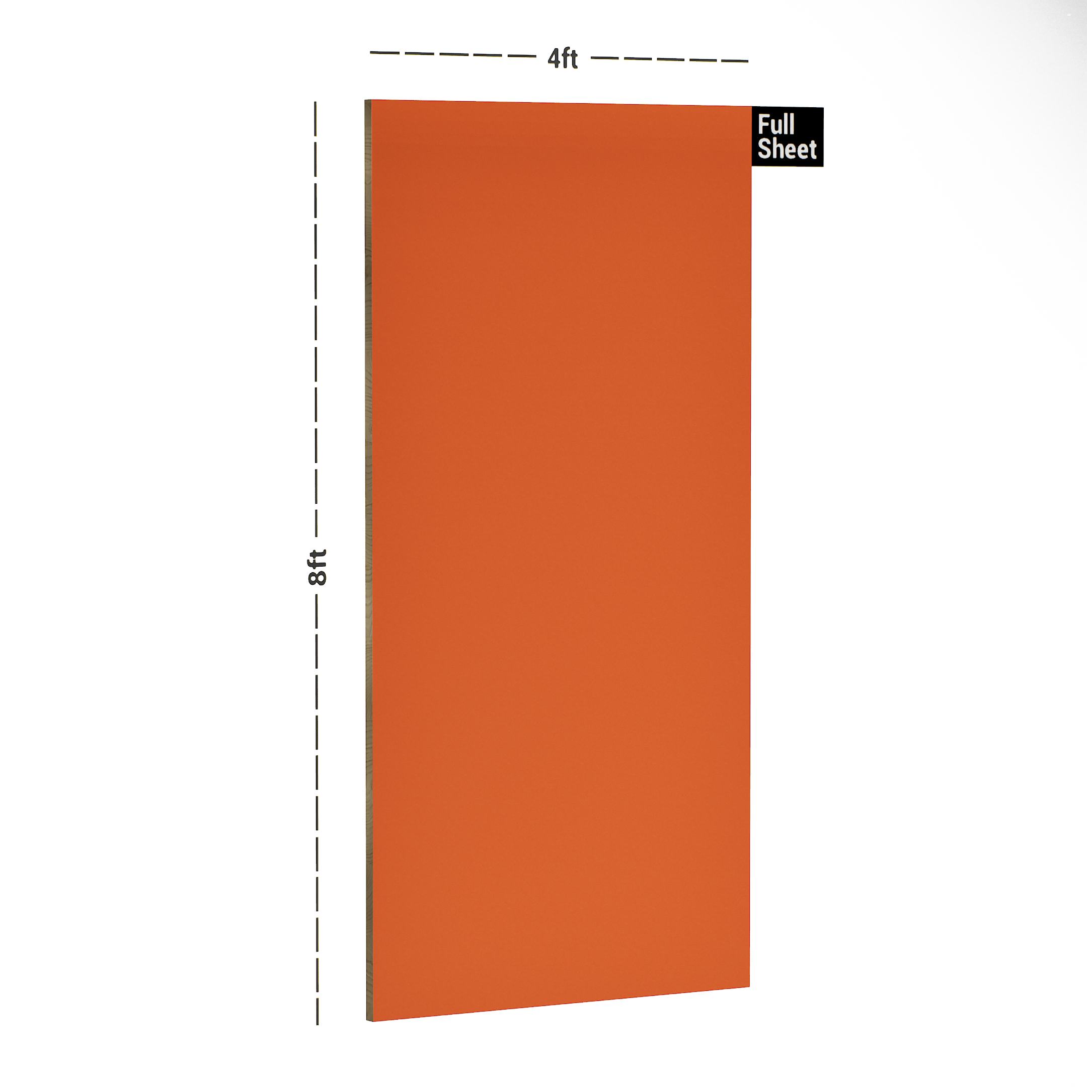 Dimension image of 21414 SF Neo Tangerine 8 ft x 4 ft Solid Finish Merino Cal Plus Laminate - 0.8 mm in an isometric setup | Material Depot