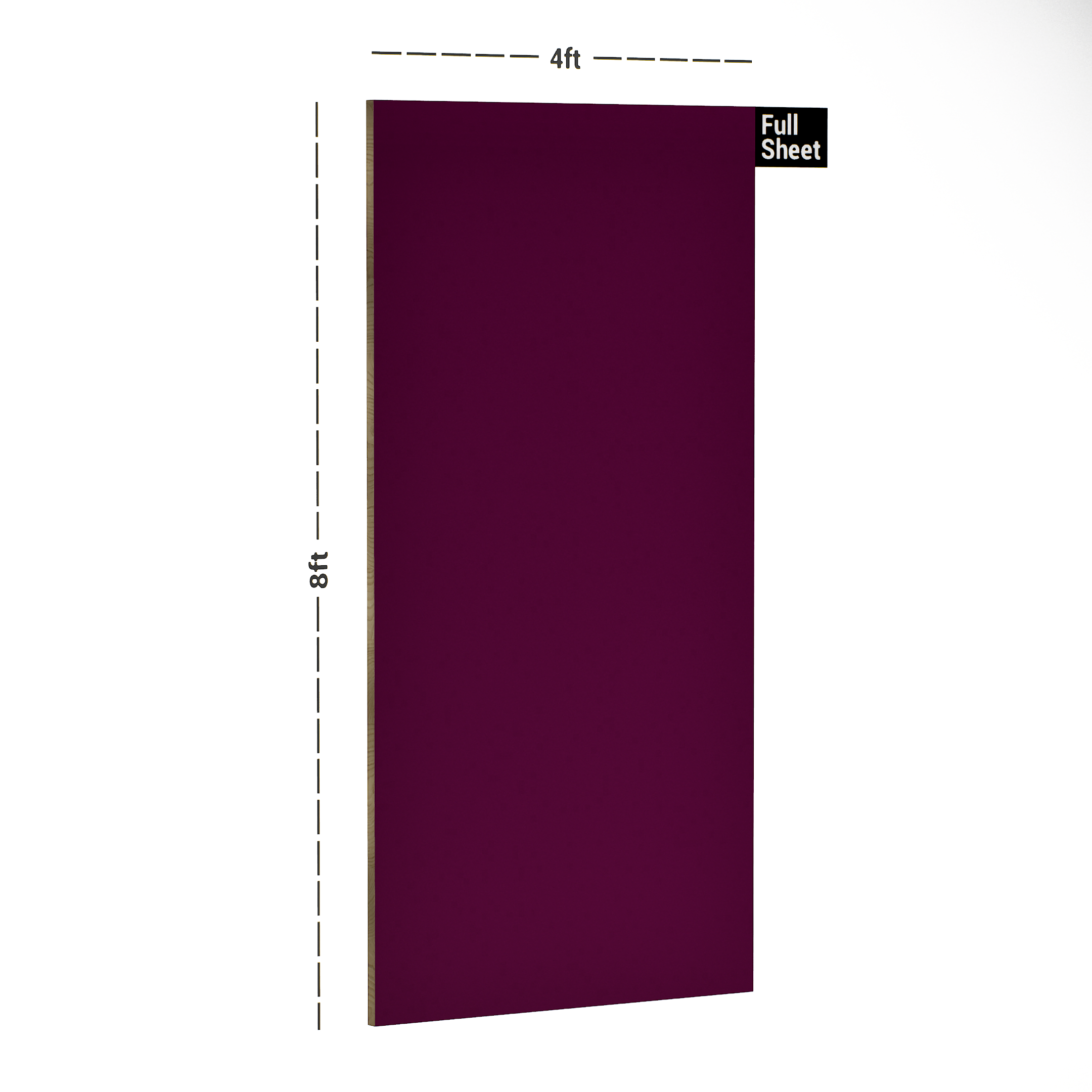 Dimension image of 21444 SF Magenta 8 ft x 4 ft Solid Finish Merino Cal Plus Laminate - 0.8 mm in an isometric setup | Material Depot