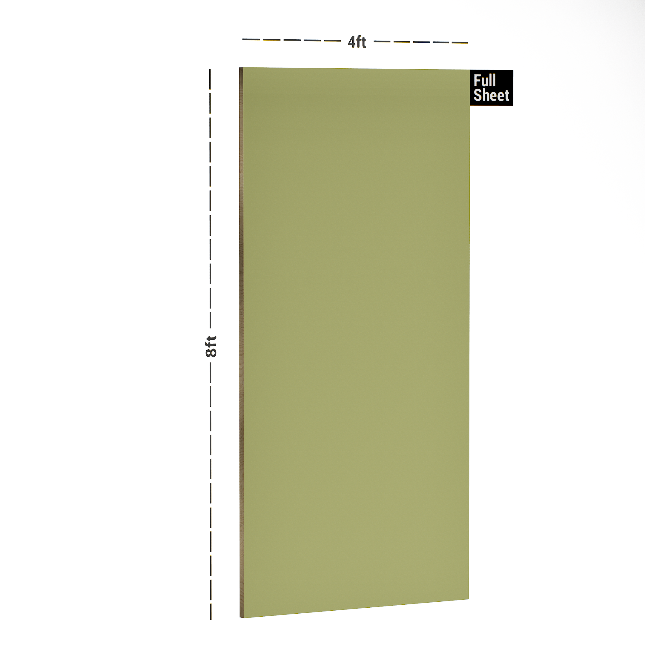 Dimension image of UM 407 Sage Green 8 ft x 4 ft Solid Matt Finish 8H Antiscratch Laminates - 1.5 mm in an isometric setup | Material Depot