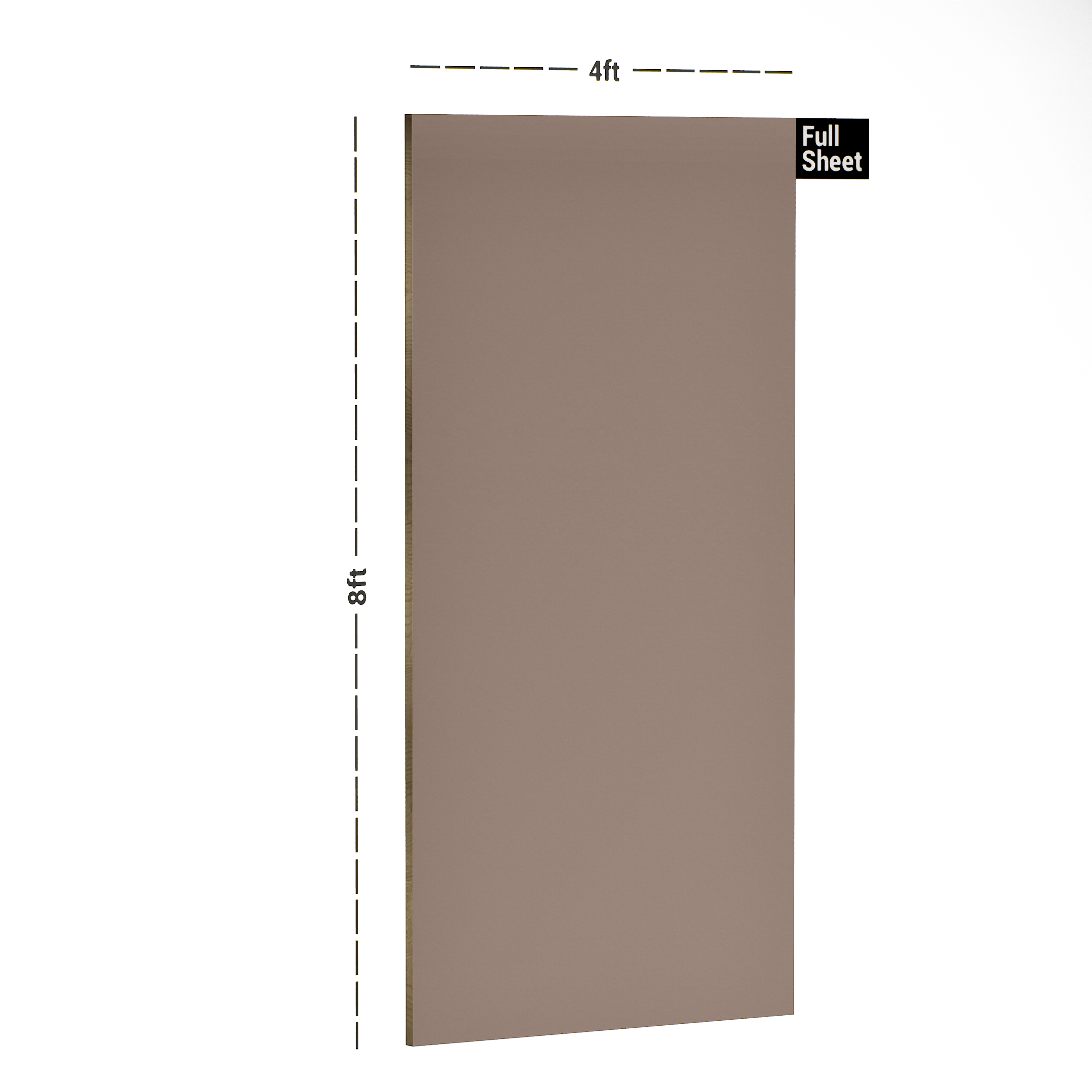 Dimension image of UA 1221 Cappuccino 8 ft x 4 ft Solid Finish 6H Antiscratch Acrylic Laminates - 1.5 mm in an isometric setup | Material Depot