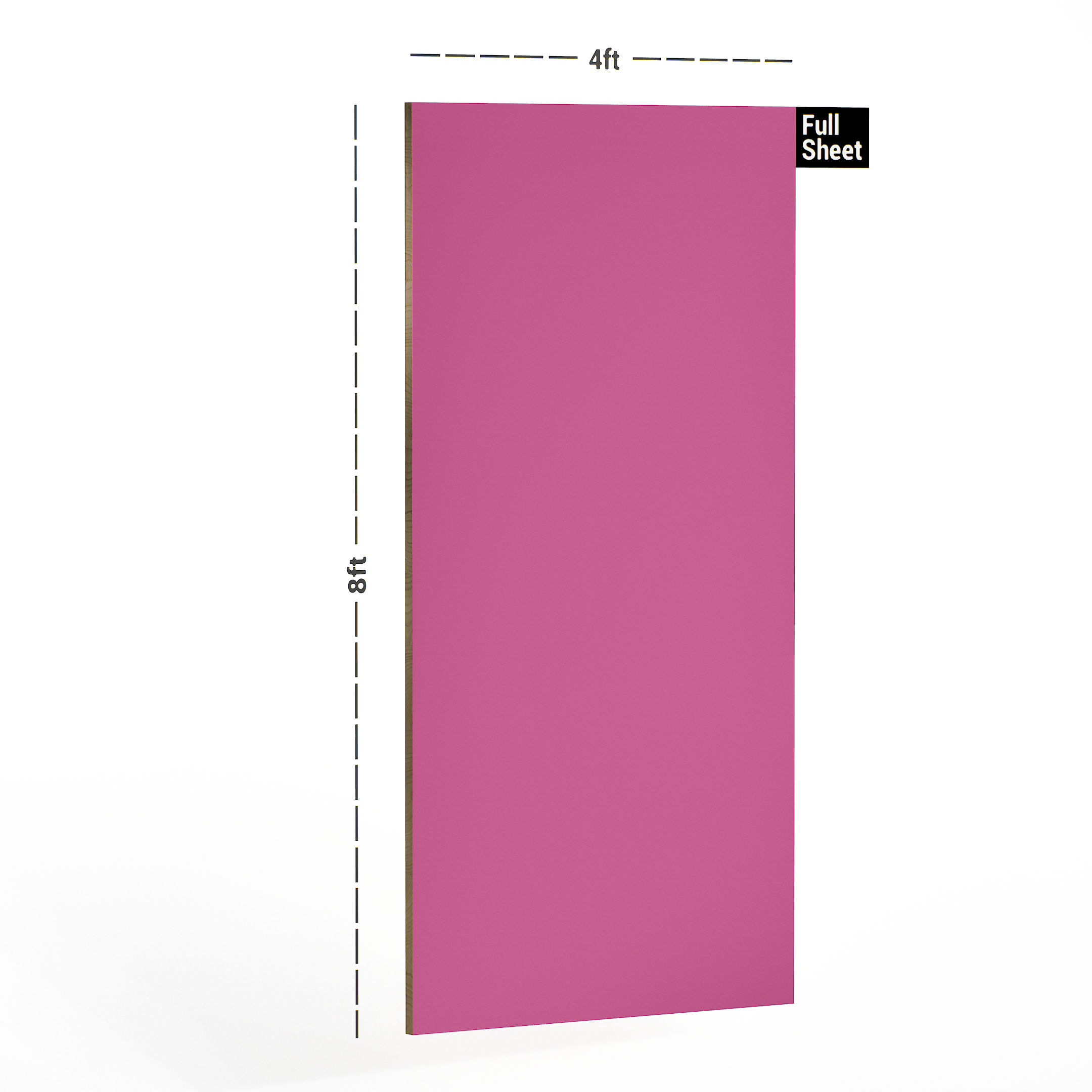 Dimension image of 1185 SF Solid Color Pink 8 ft x 4 ft Laminate - 0.8 mm in an isometric setup | Material Depot