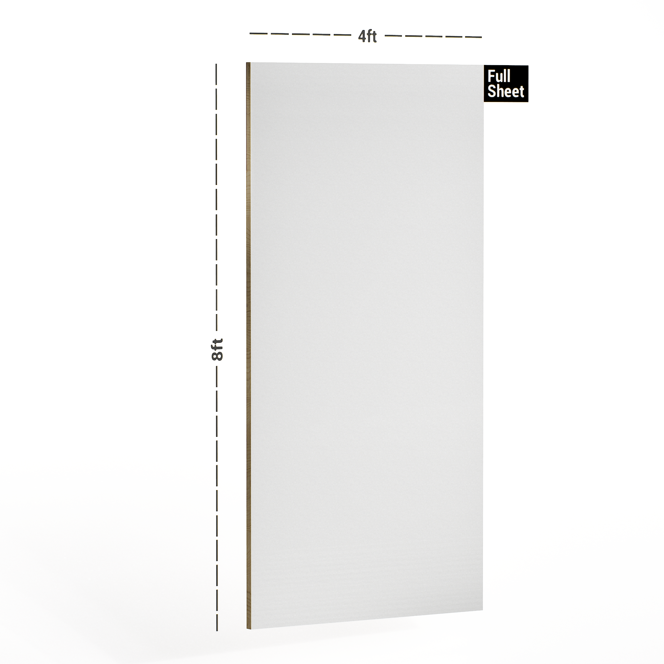 Dimension image of 101 SMR White 8 ft x 4 ft Super Mirror Solid Finish Laminate - 1 mm in an isometric setup | Material Depot