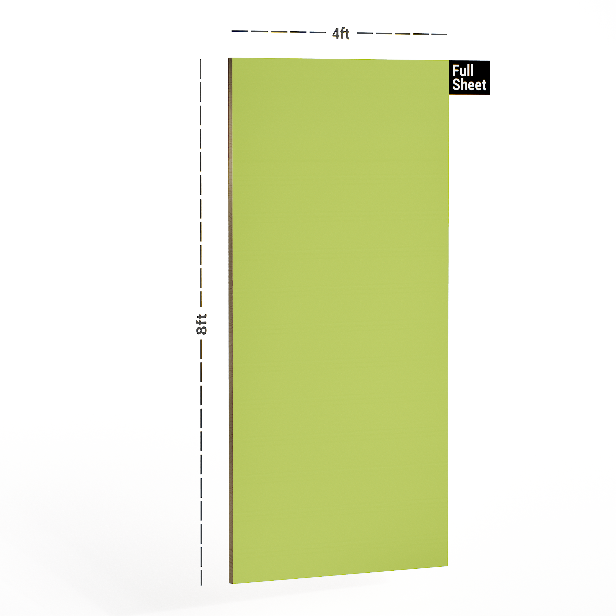 Dimension image of 117 SMR Lime 8 ft x 4 ft Super Mirror Solid Finish Laminate - 1 mm in an isometric setup | Material Depot