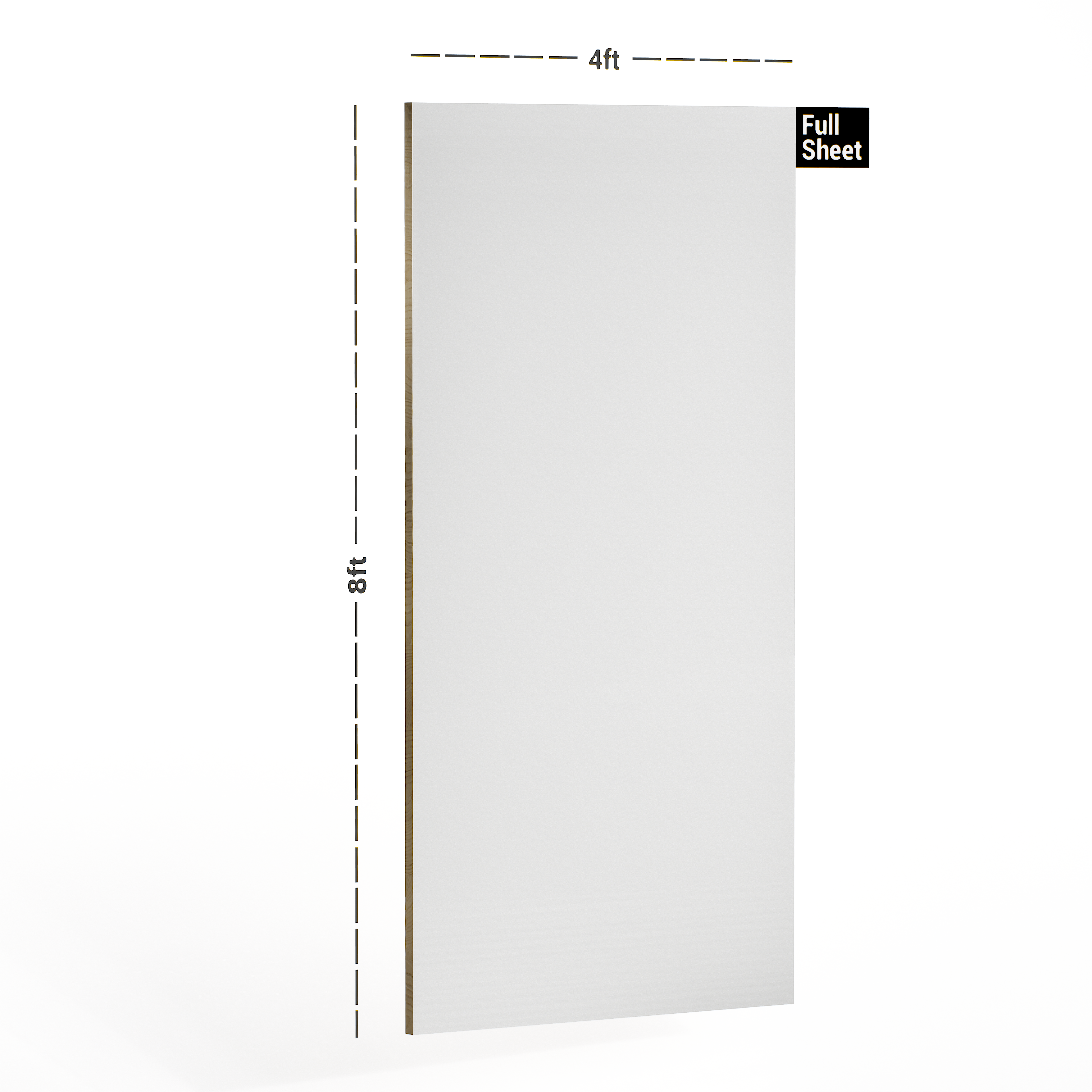 Dimension image of 102 MF White 8 ft x 4 ft Plain Colour Finish Laminate - 1 mm in an isometric setup | Material Depot