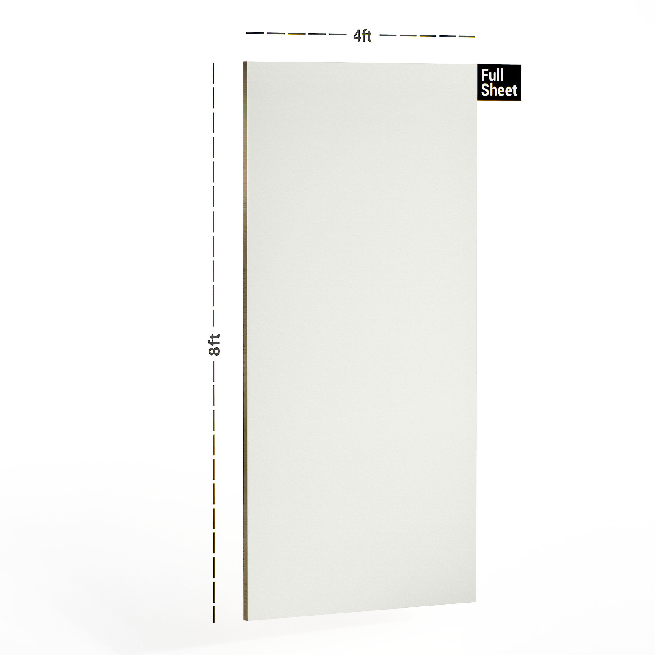 Dimension image of 104 MF Frosty White 8 ft x 4 ft Plain Colour Finish Laminate - 1 mm in an isometric setup | Material Depot