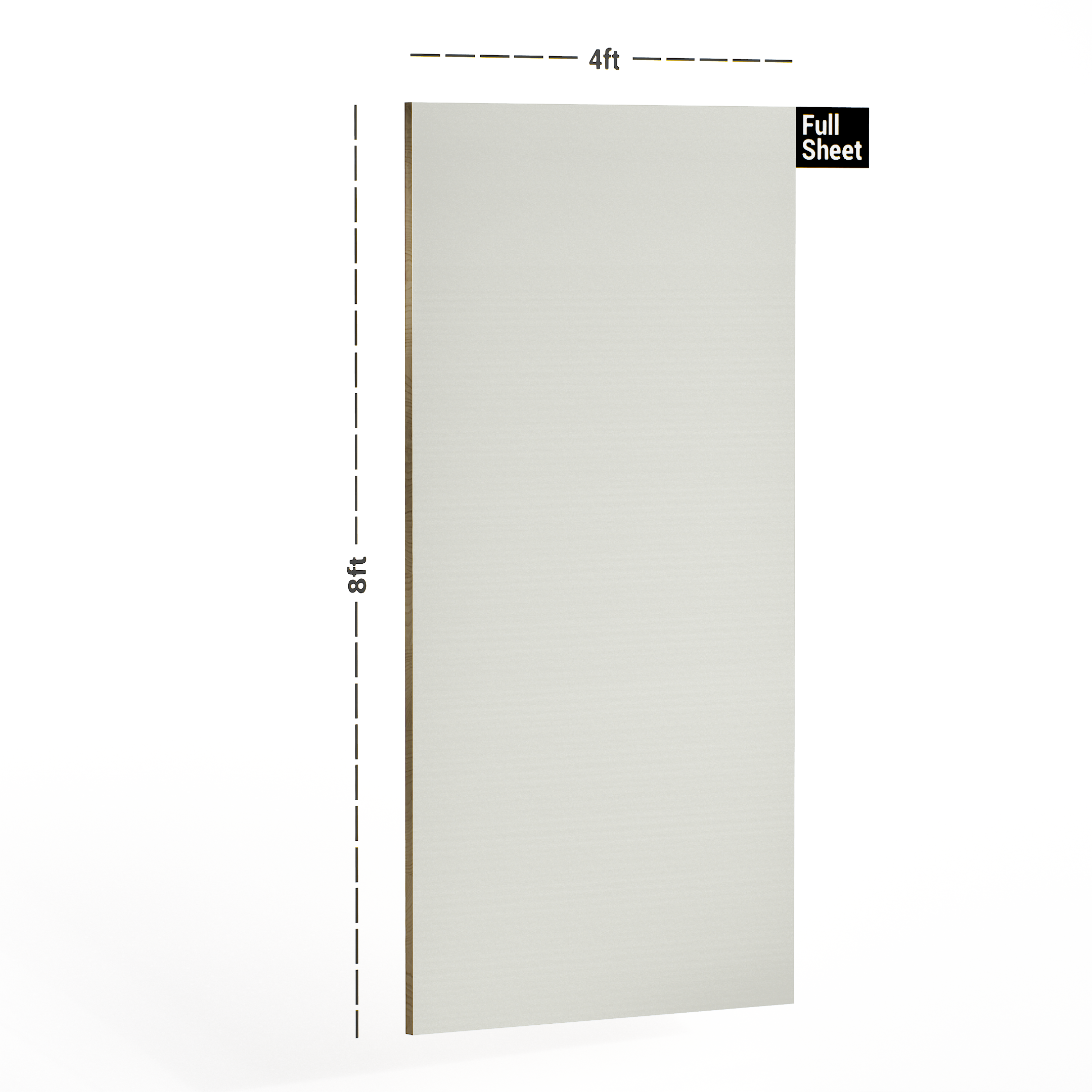 Dimension image of 103 SF Egg White 8 ft x 4 ft Plain Colour Finish Laminate - 1 mm in an isometric setup | Material Depot