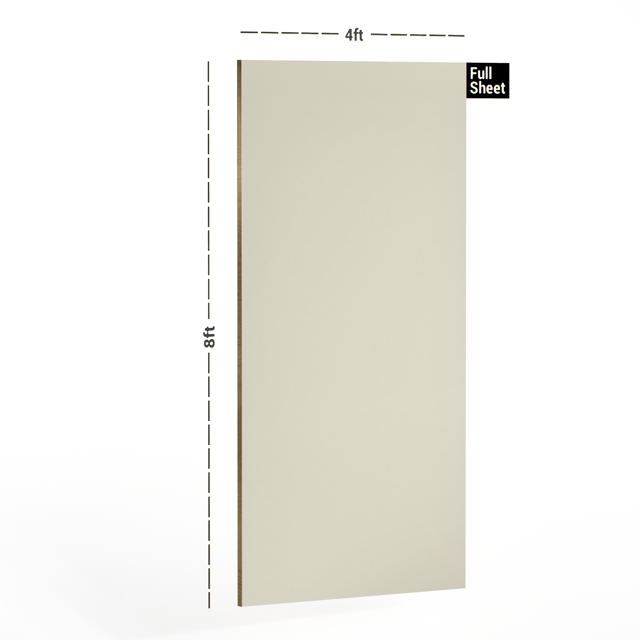 Dimension image of 106 SF Ivory 8 ft x 4 ft Plain Colour Finish Laminate - 1 mm in an isometric setup | Material Depot