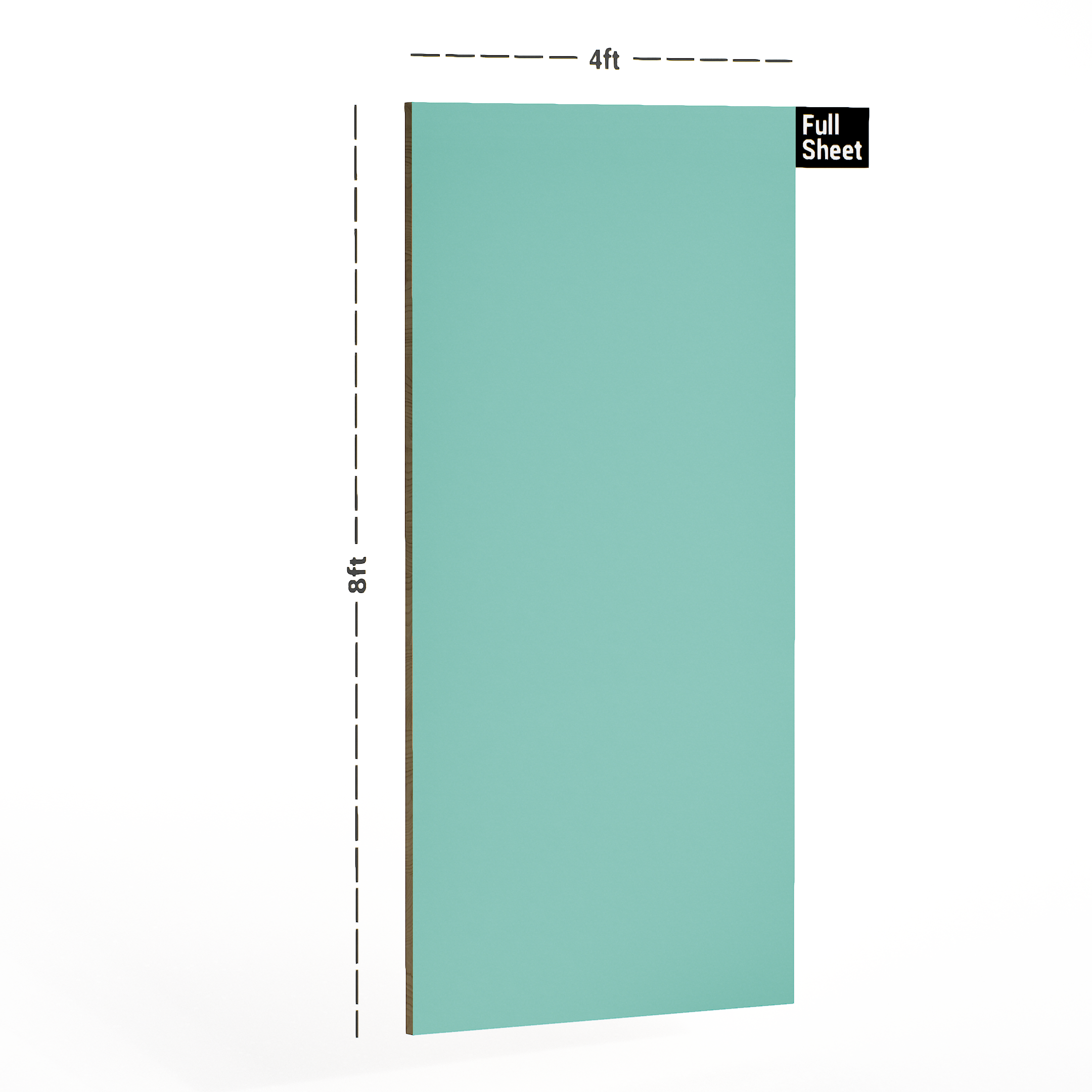 Dimension image of 122 SF Aqua Marine 8 ft x 4 ft Plain Colour Finish Laminate - 1 mm in an isometric setup | Material Depot