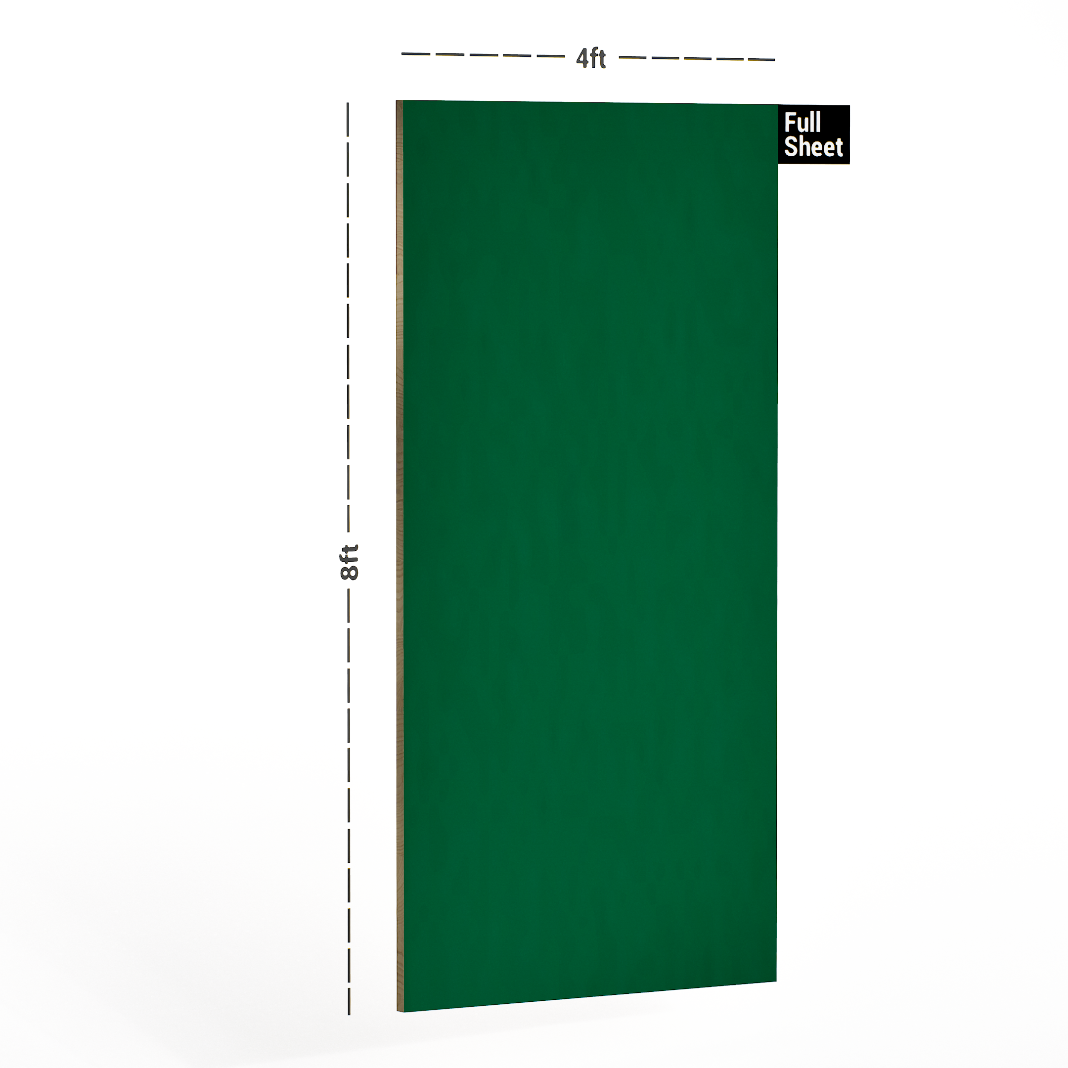 Dimension image of 149 SF Sole Green 8 ft x 4 ft Plain Colour Finish Laminate - 1 mm in an isometric setup | Material Depot