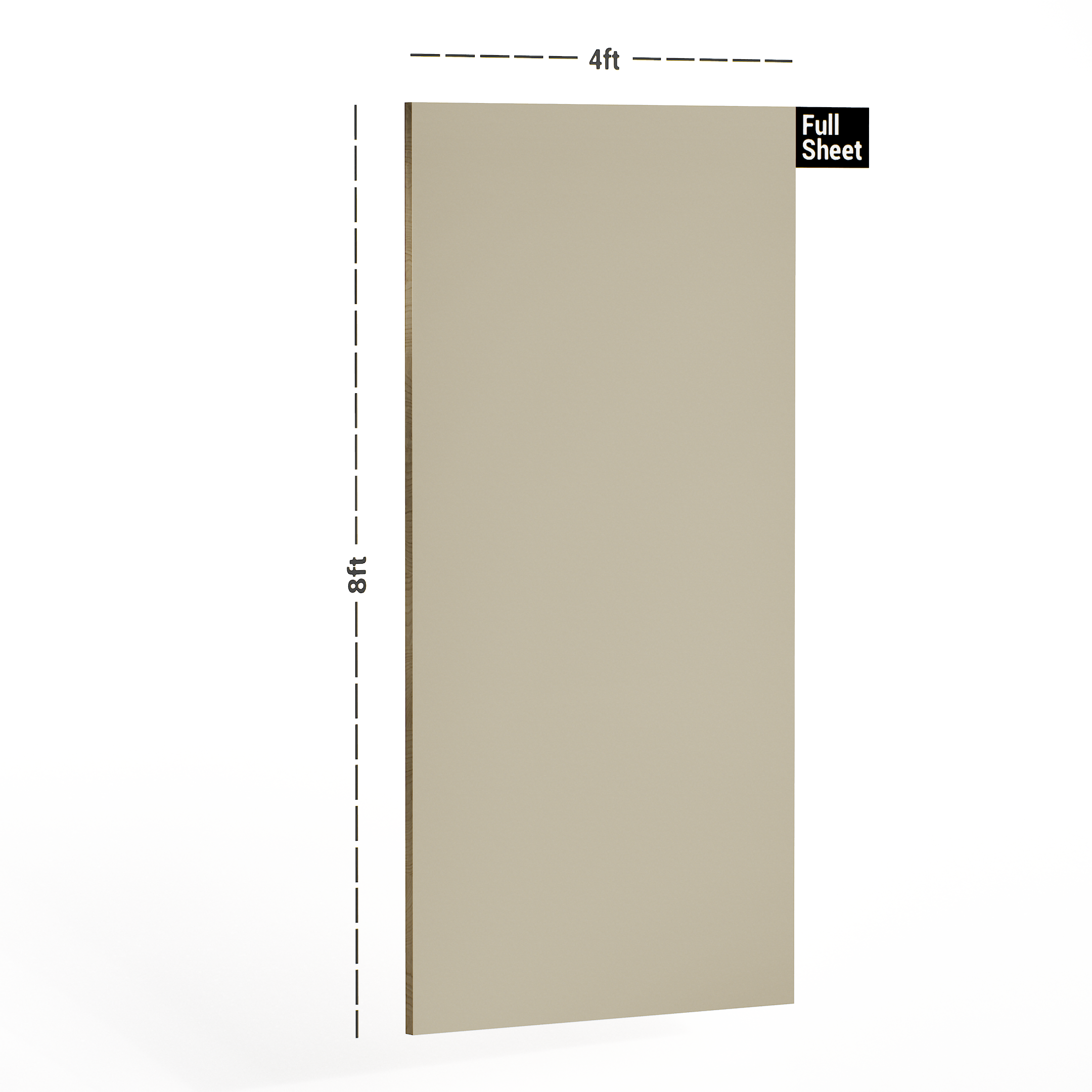 Dimension image of 122 SMT Khaki Brown 8 ft x 4 ft Plain Super Matt Finish Damas Decorative Laminates - 1 mm in an isometric setup | Material Depot