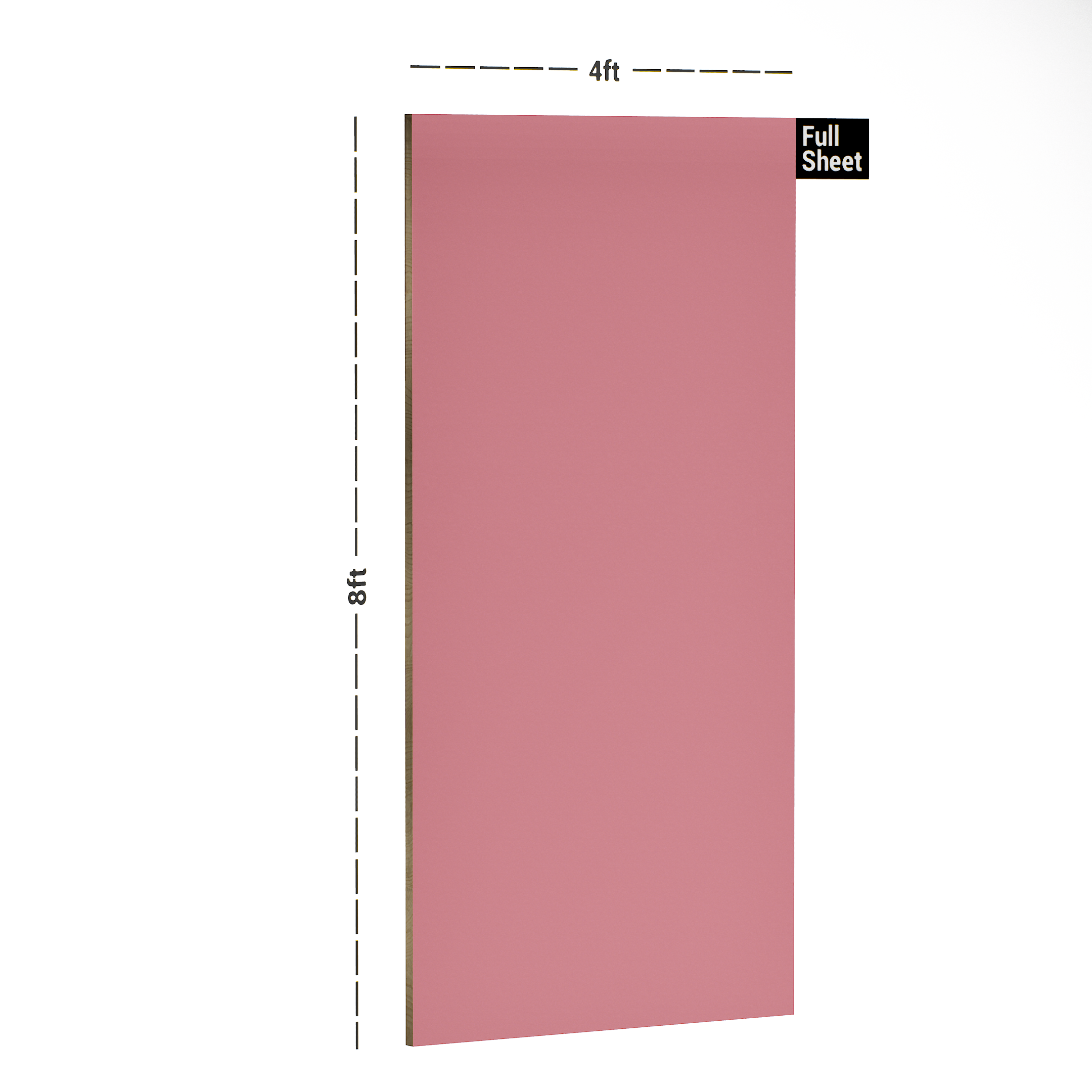 Dimension image of SG 1439 Rose 8 ft x 4 ft High Gloss Pastel Colour Finish Decorative Laminate - 1 mm in an isometric setup | Material Depot