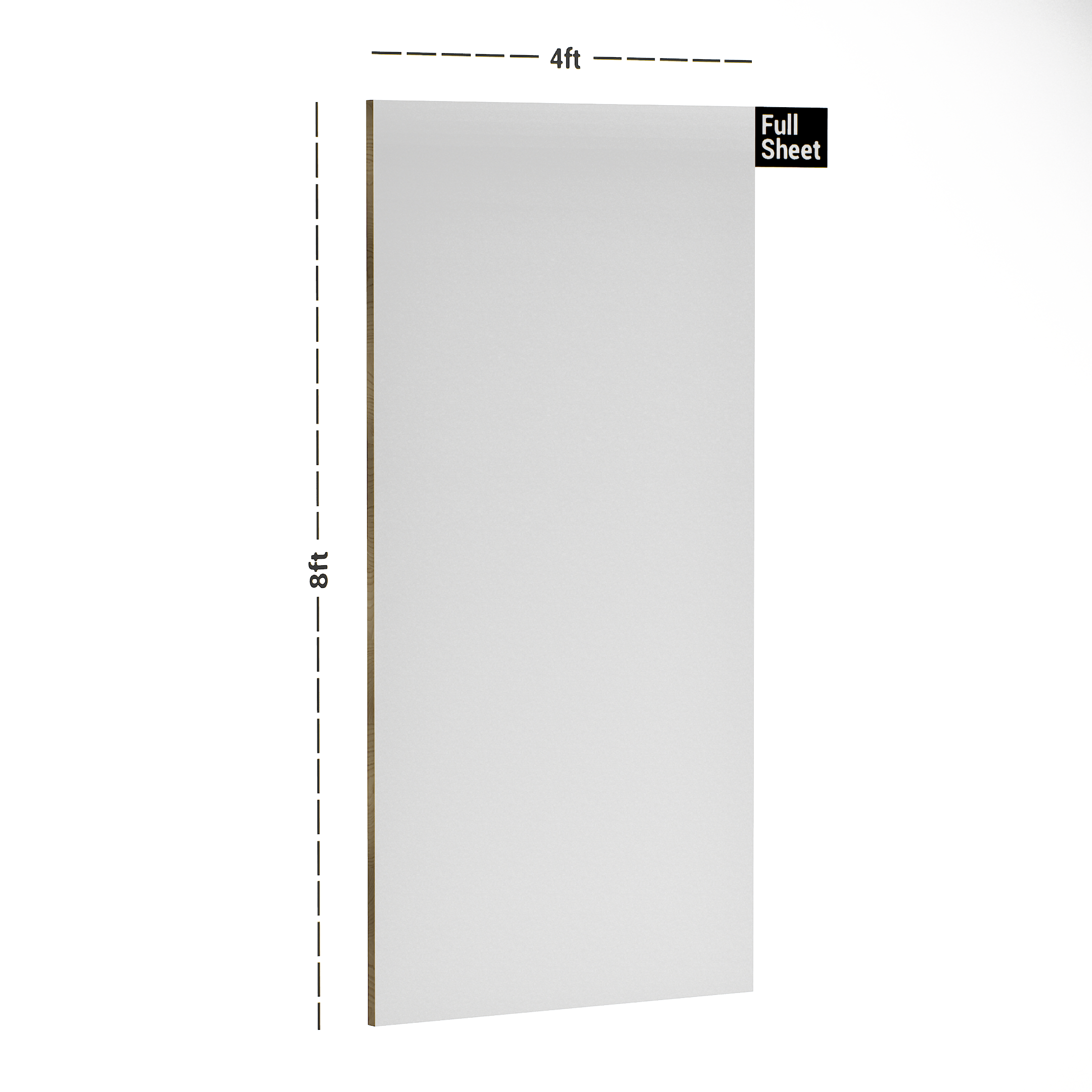 Dimension image of 201 MT Cool White 8 ft x 4 ft Matte Finish Decorative Laminate - 1 mm in an isometric setup | Material Depot