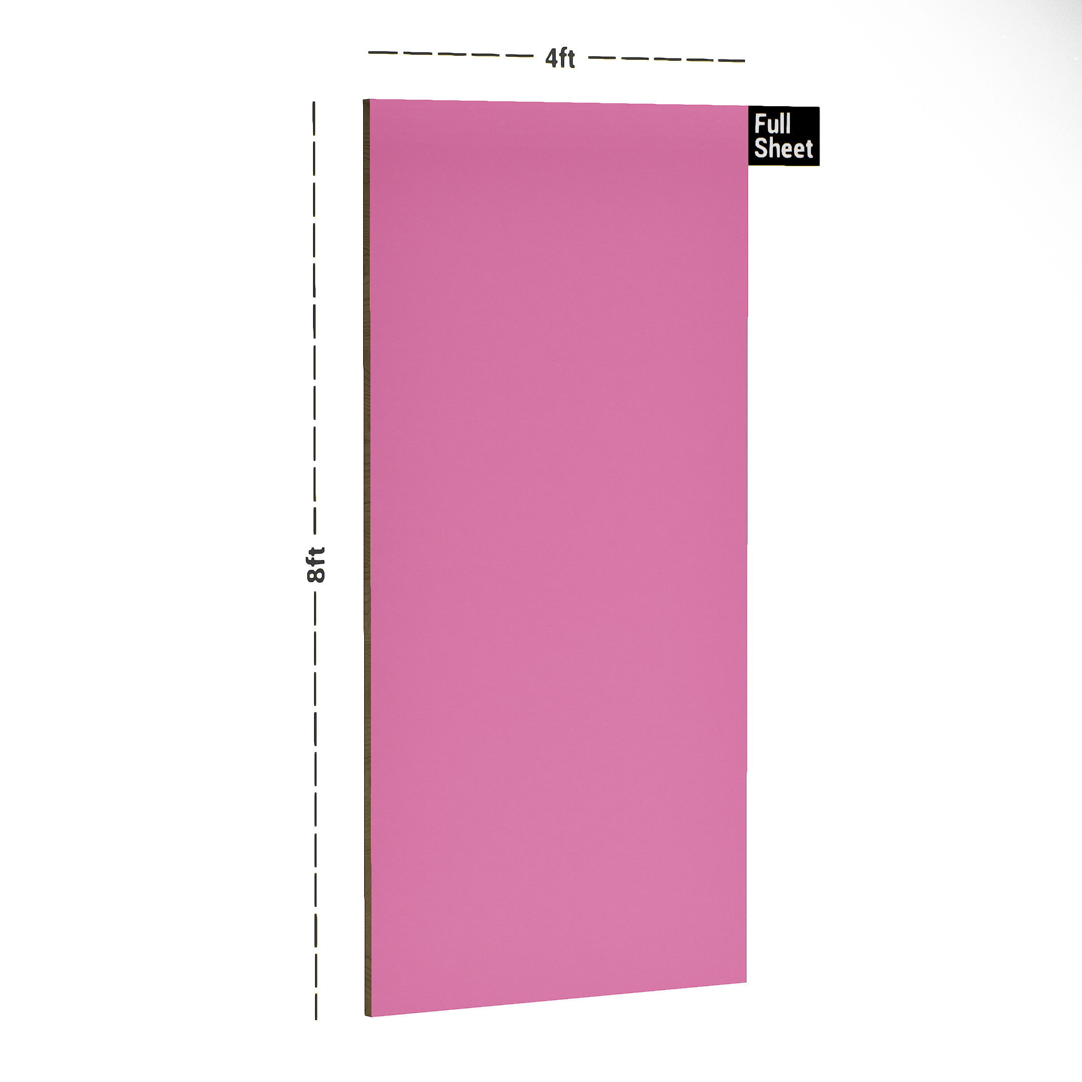 Dimension image of 254 SF Punch Pink 8 ft x 4 ft Suede Finish Decorative Laminate - 1 mm in an isometric setup | Material Depot