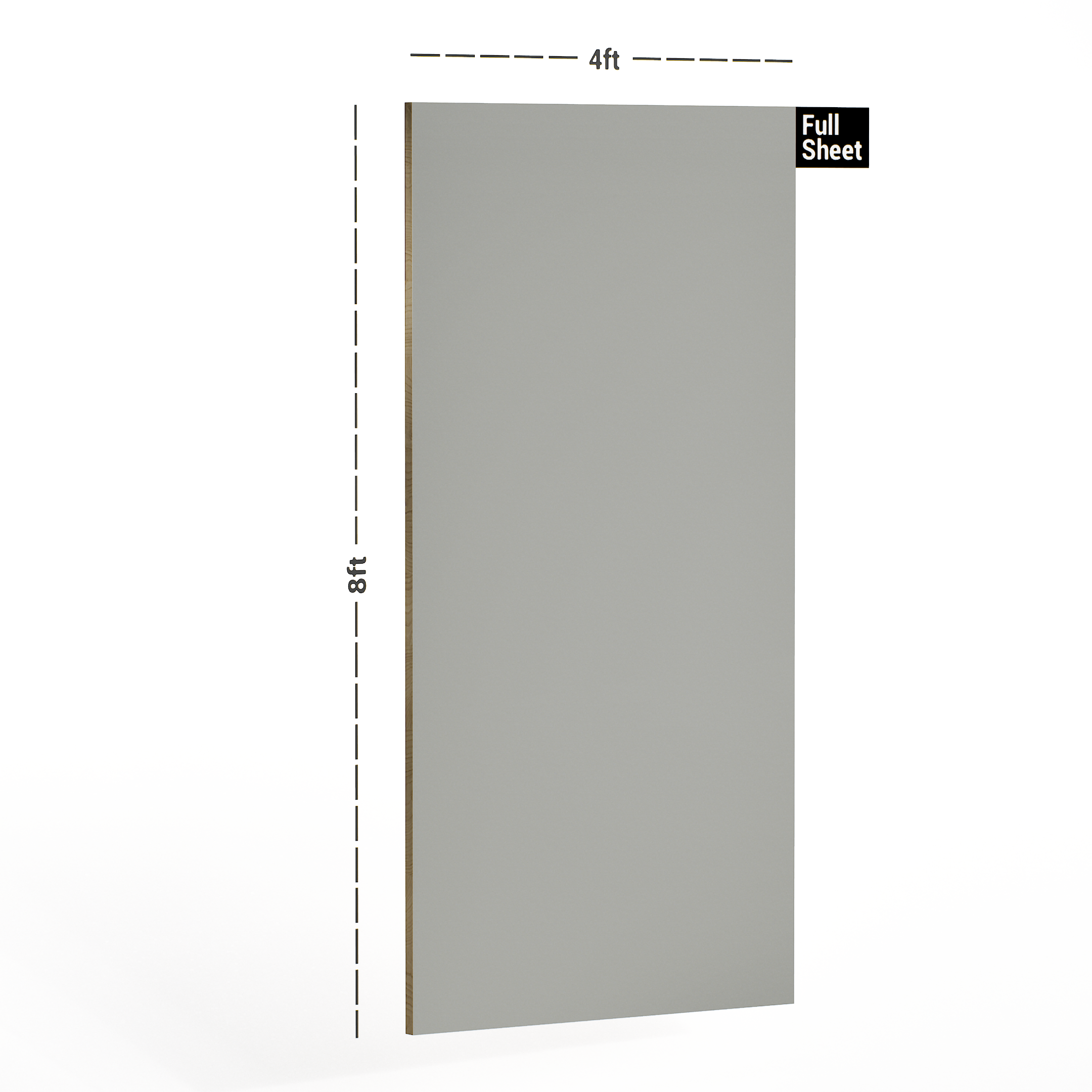 Dimension image of 1048 PU Cloudy Grey 8 ft x 4 ft PU Finish Decorative Laminate - 1 mm in an isometric setup | Material Depot