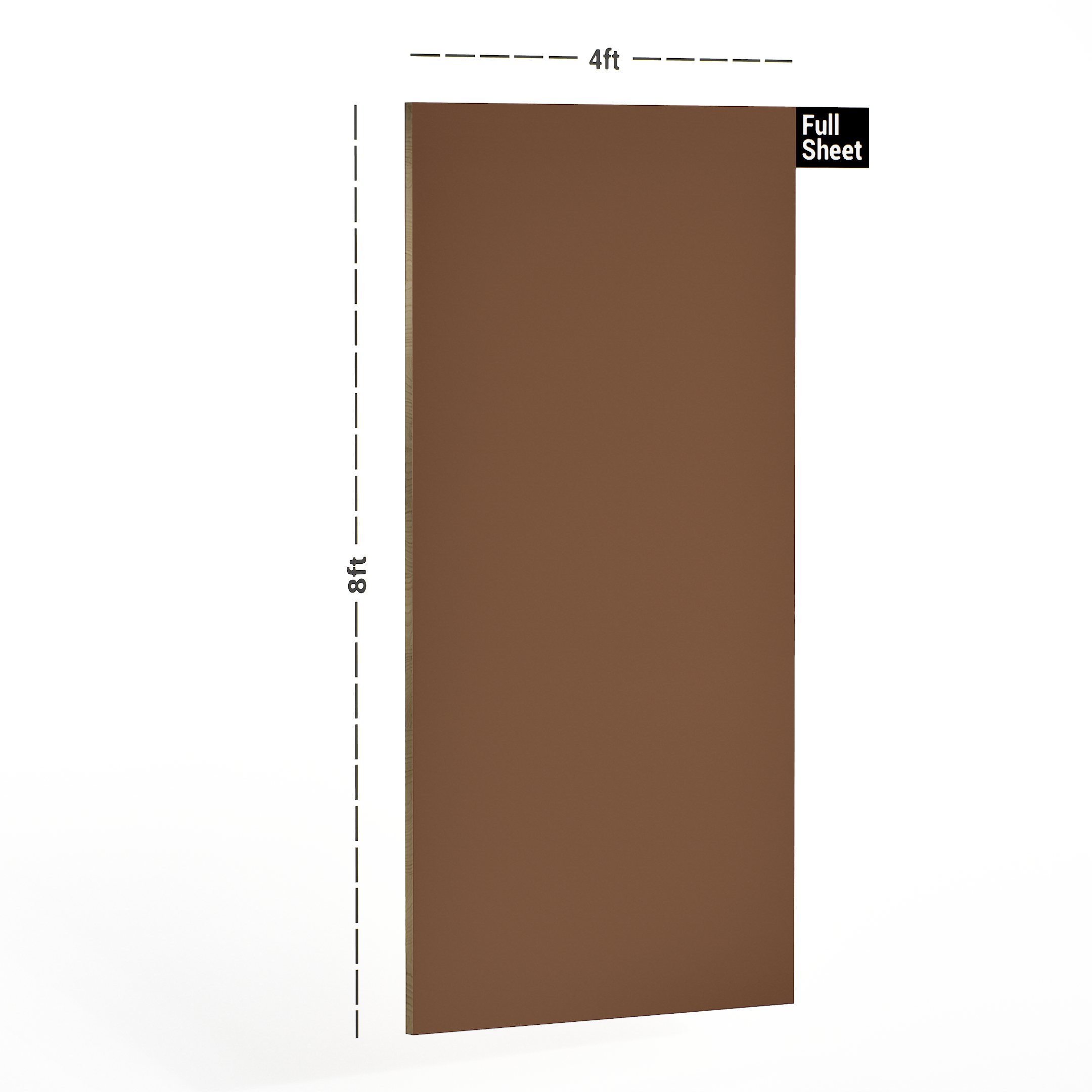 Dimension image of 1034 SMT Saddle Brown 8 ft x 4 ft Silky Matt Finish Decorative Laminate - 1 mm in an isometric setup | Material Depot