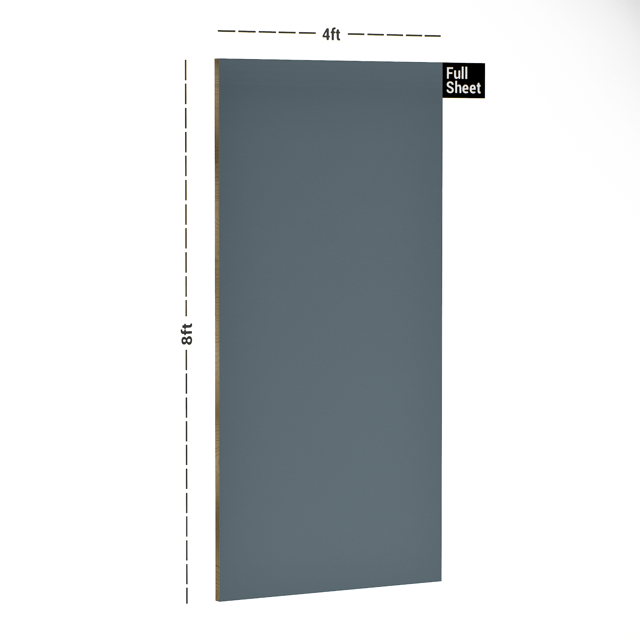 Dimension image of 186 SF Charcoal Grey 8 ft x 4 ft Zero Brain Wood Finish Laminate - 1 mm in an isometric setup | Material Depot