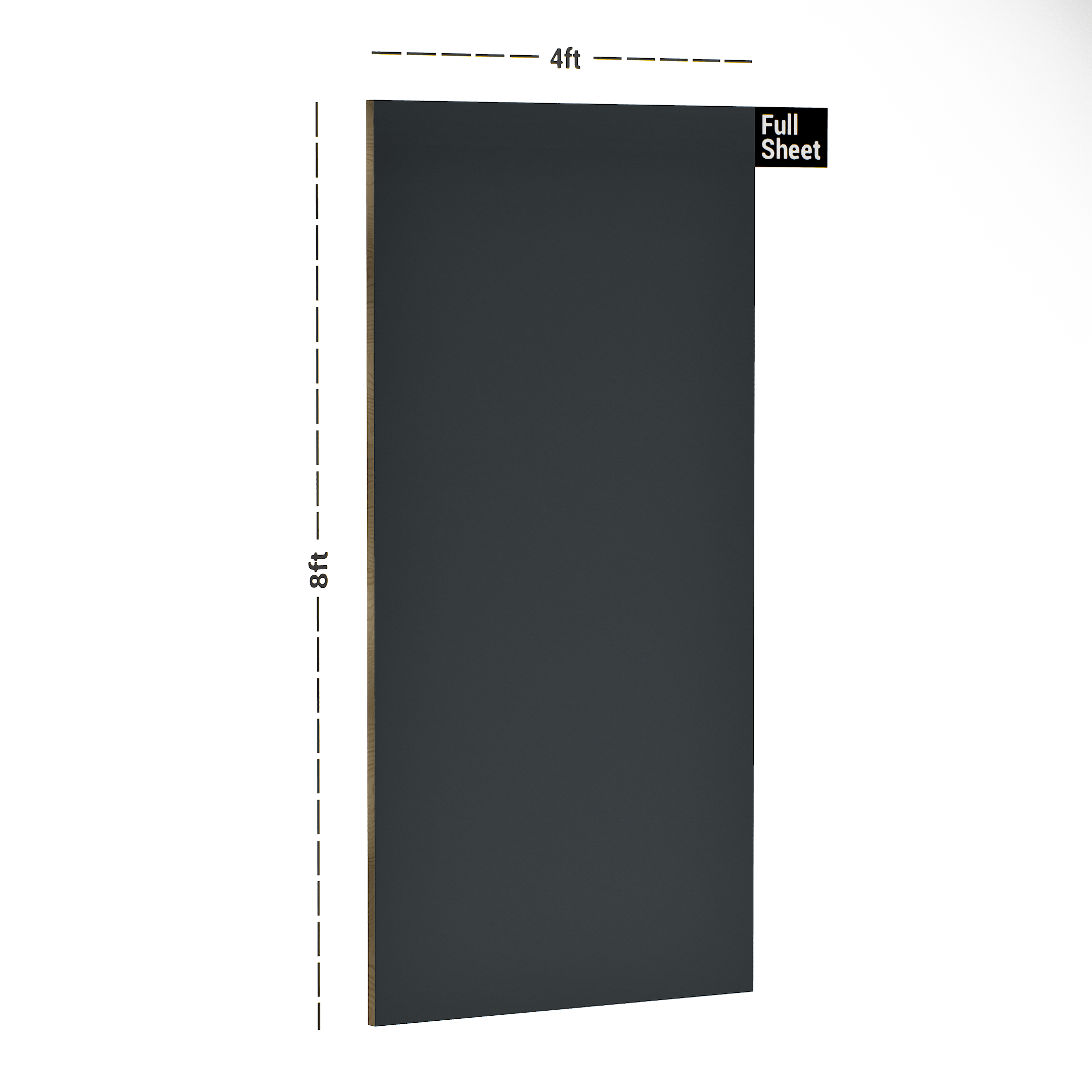 Dimension image of 168 HG Slate Grey 8 ft x 4 ft High Gloss Plain Color Finish Laminate - 1 mm in an isometric setup | Material Depot