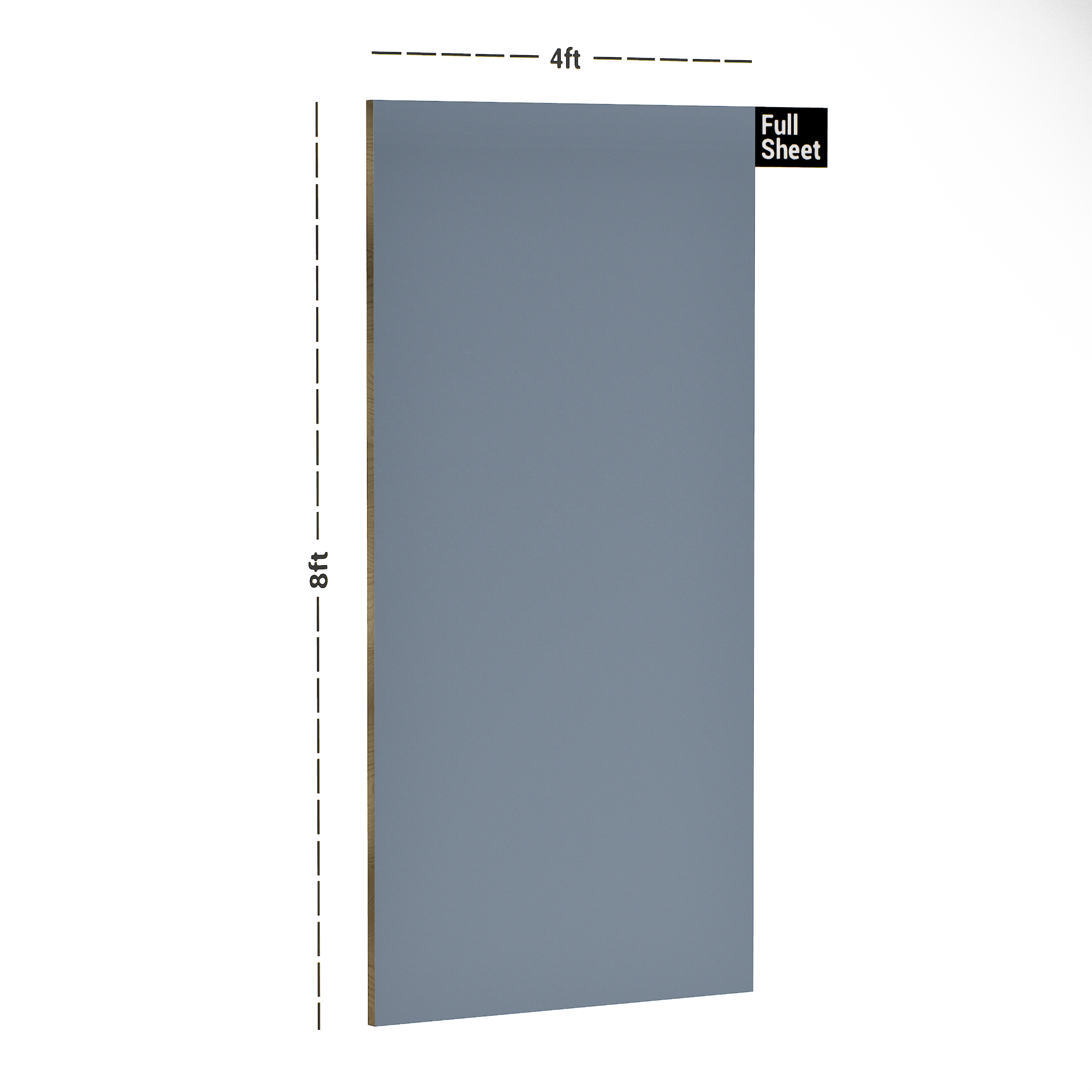 Dimension image of 187 HG Gfrost Grey 8 ft x 4 ft High Gloss Plain Color Finish Laminate - 1 mm in an isometric setup | Material Depot