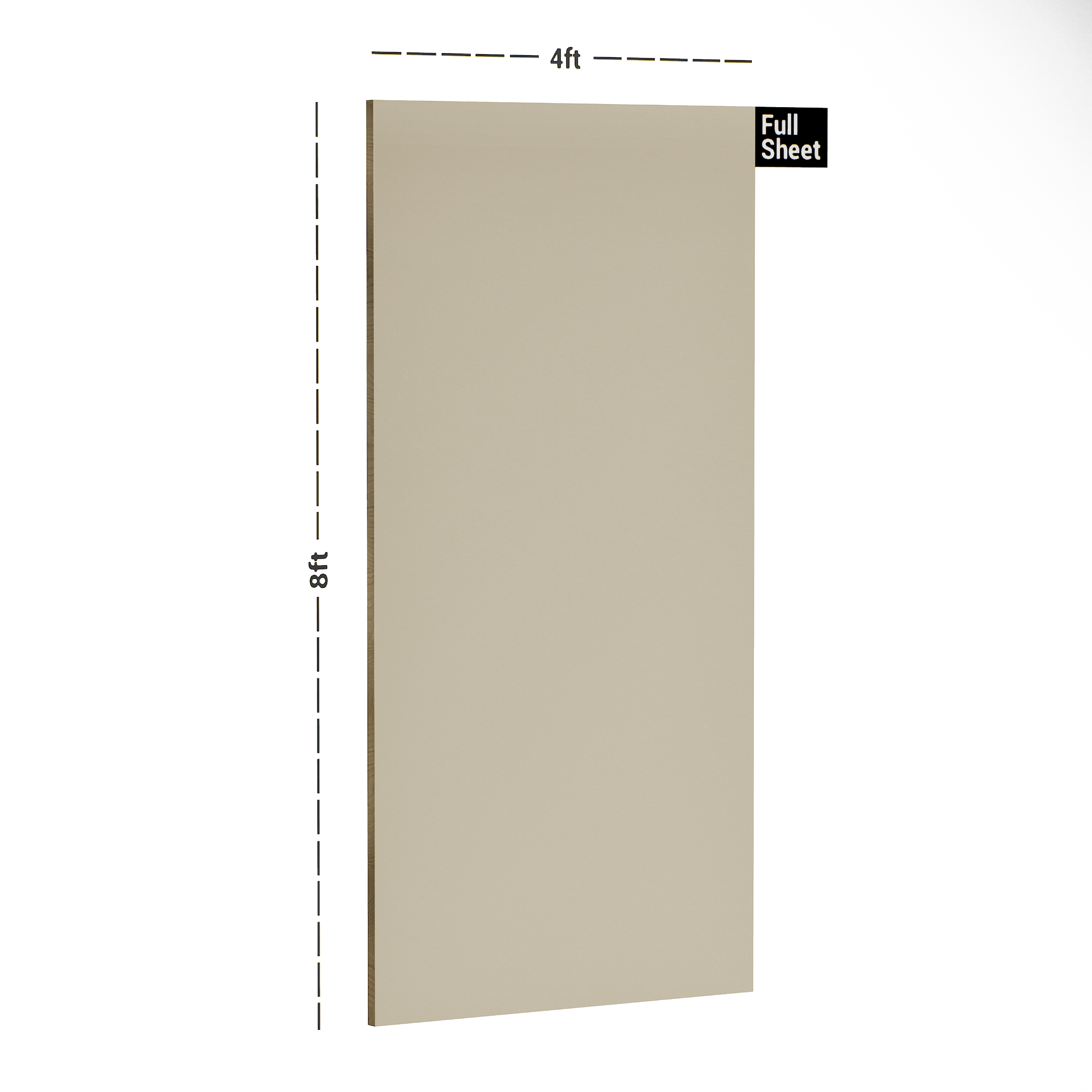 Dimension image of 179 HG Golden beige 8 ft x 4 ft High Gloss Plain Color Finish Laminate - 1 mm in an isometric setup | Material Depot