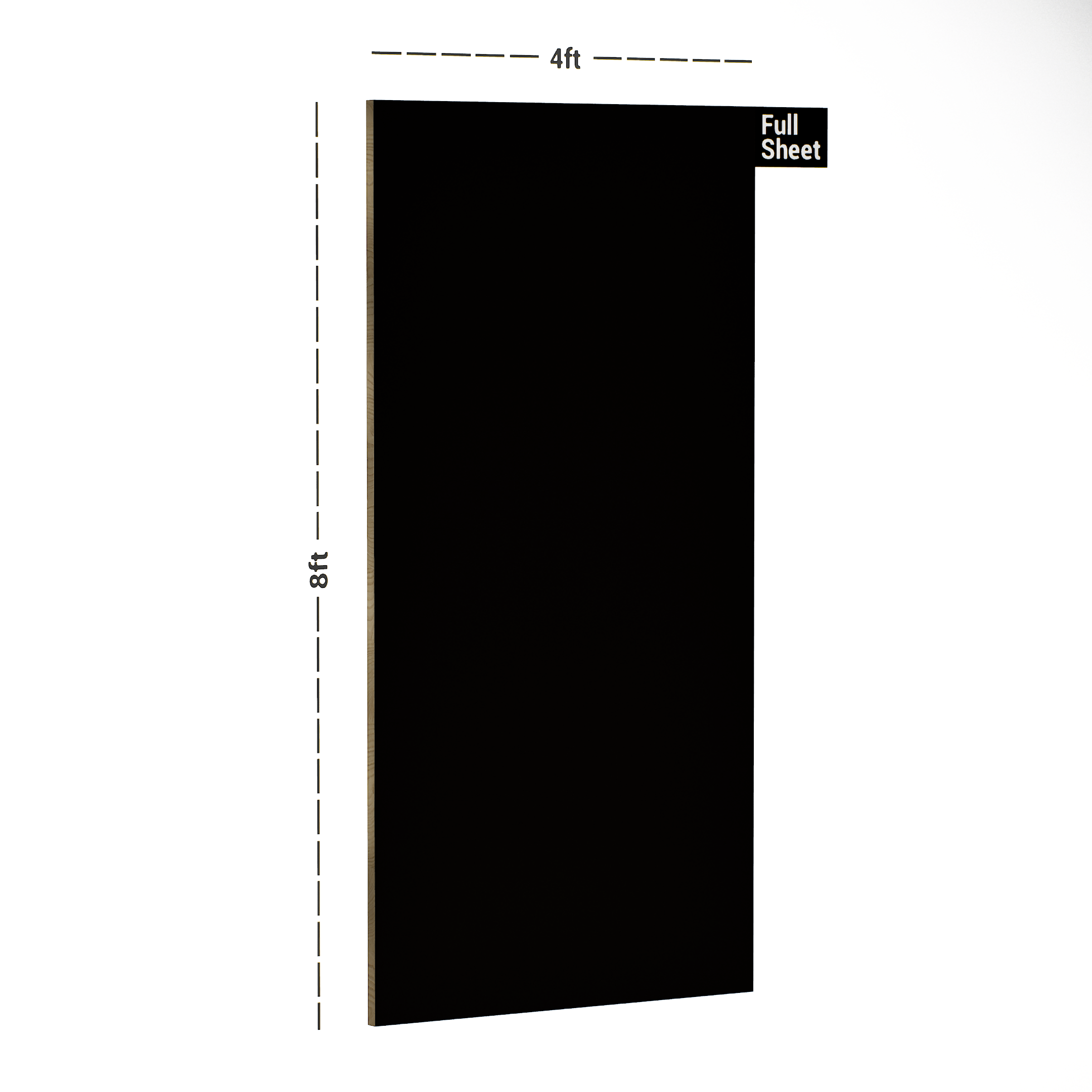 Dimension image of 190 HG Black 8 ft x 4 ft High Gloss Plain Color Finish Laminate - 1 mm in an isometric setup | Material Depot