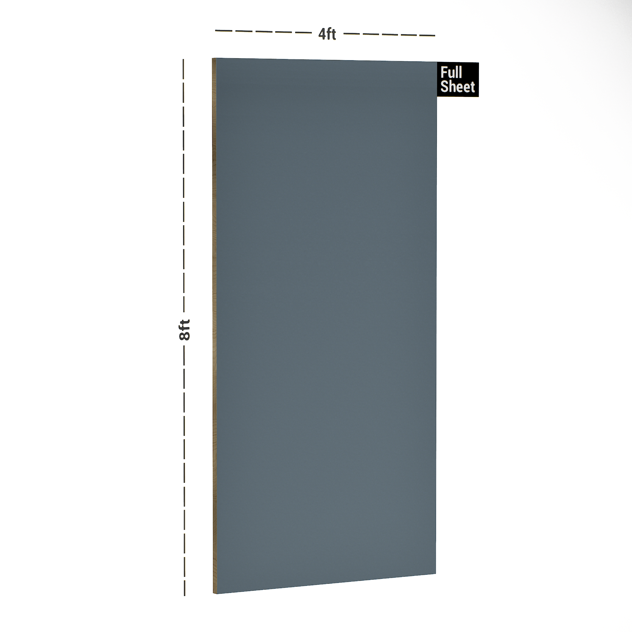 Dimension image of 186 SMT Charcoal Grey 8 ft x 4 ft Satin Matt Plain Color Finish Laminate - 1 mm in an isometric setup | Material Depot