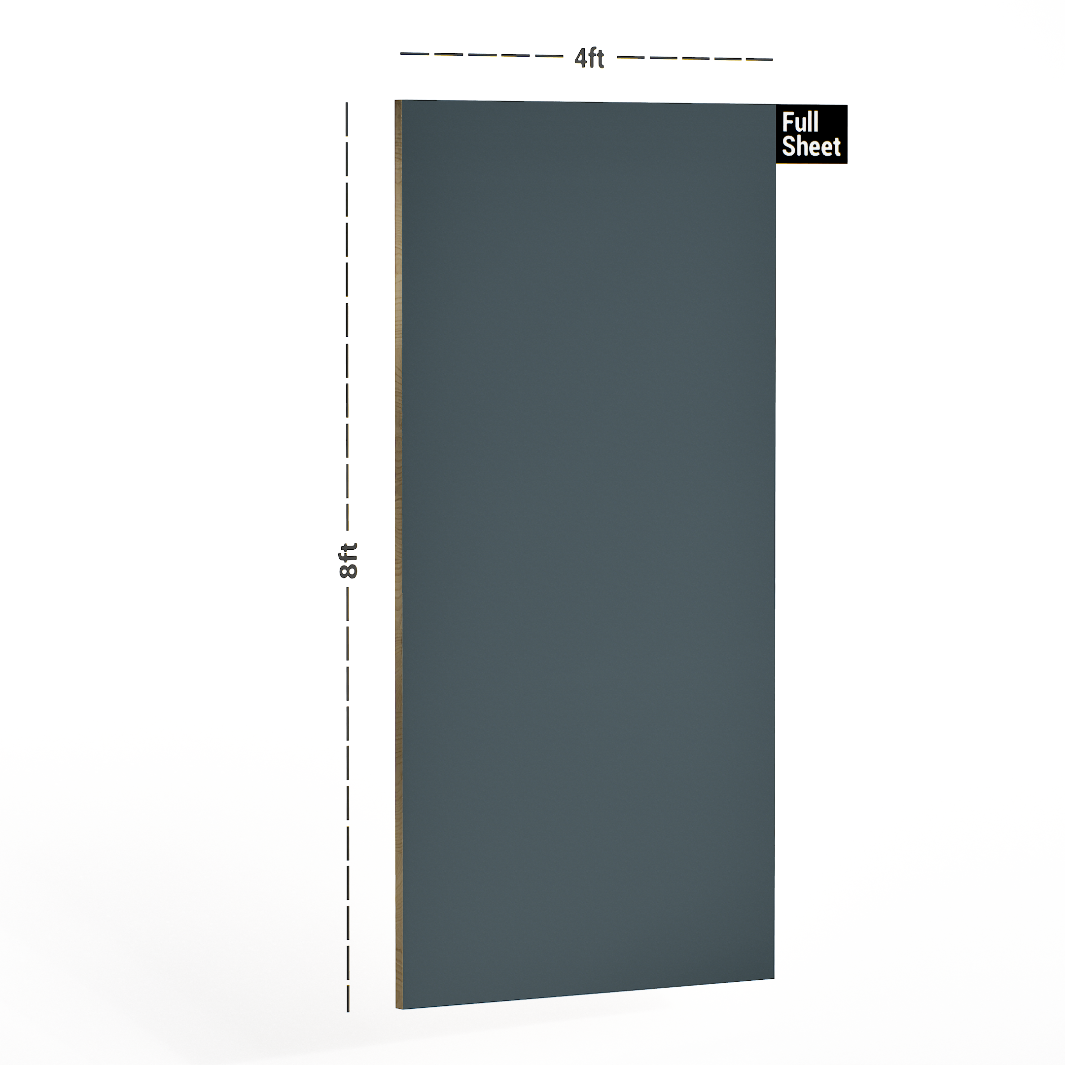 Dimension image of 157 SF Charcoal 8 ft x 4 ft Plain Color Suede Finish Laminate - 1 mm in an isometric setup | Material Depot