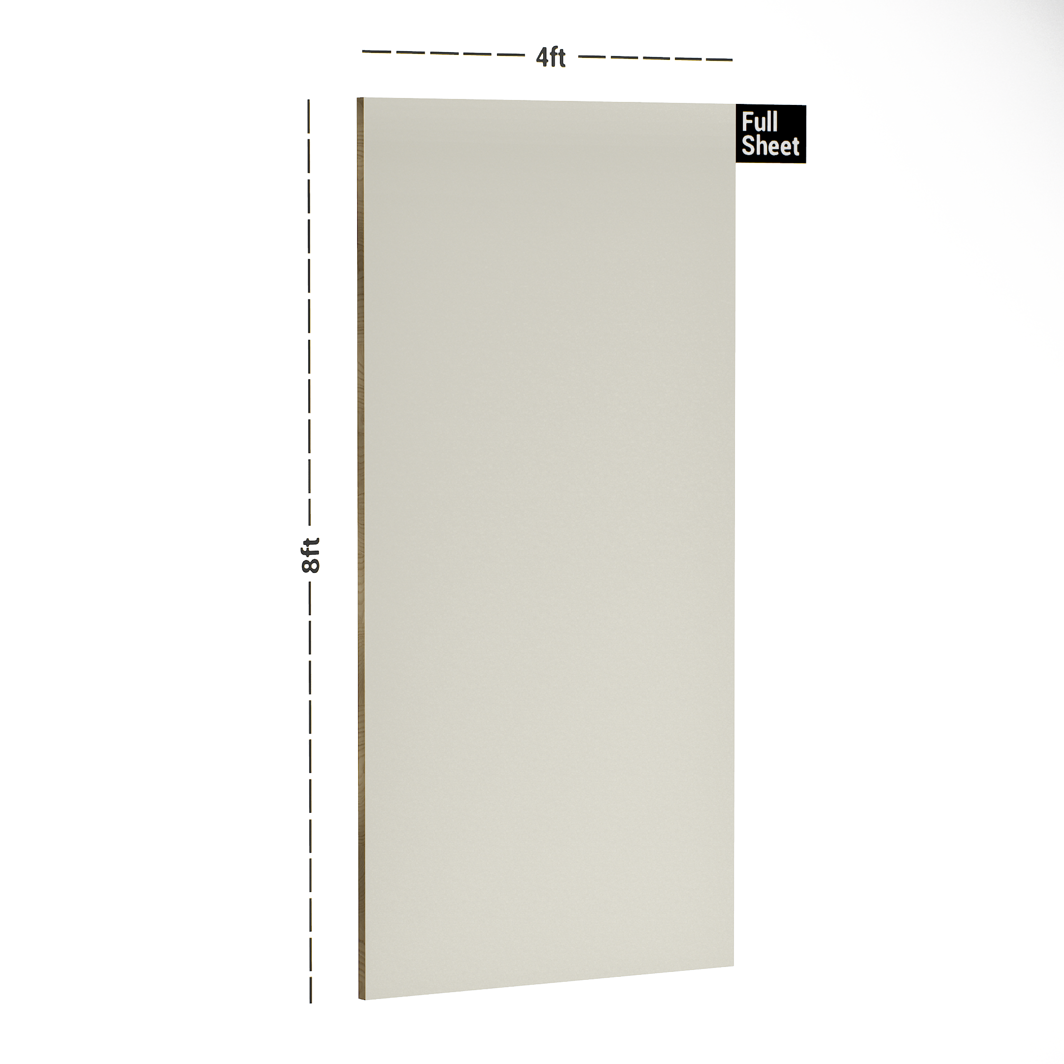 Dimension image of 174 SF Ivory 8 ft x 4 ft Plain Color Suede Finish Laminate - 1 mm in an isometric setup | Material Depot